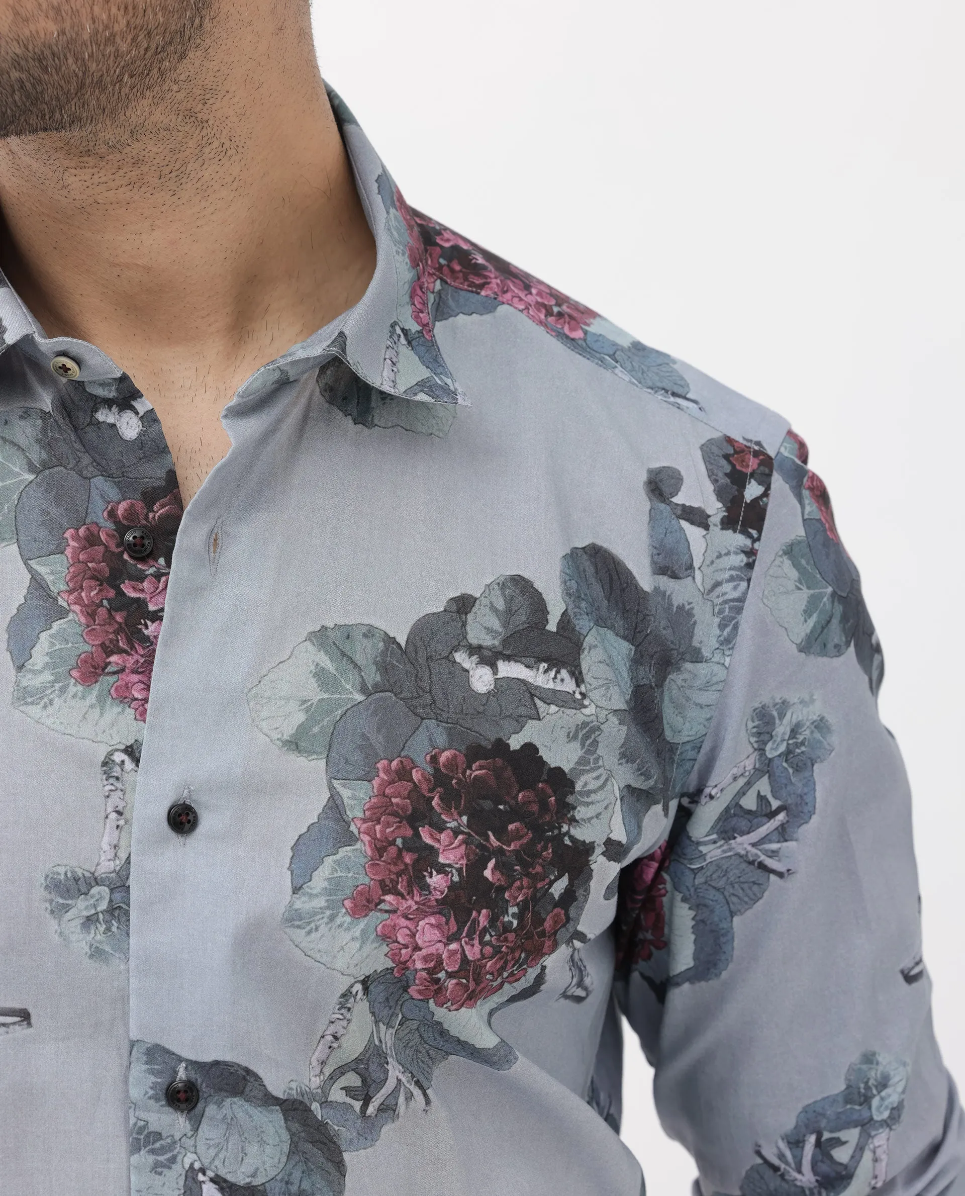 Rare Rabbit Mens Velem Grey Full Sleeve Regular Fit Floral Print Shirt