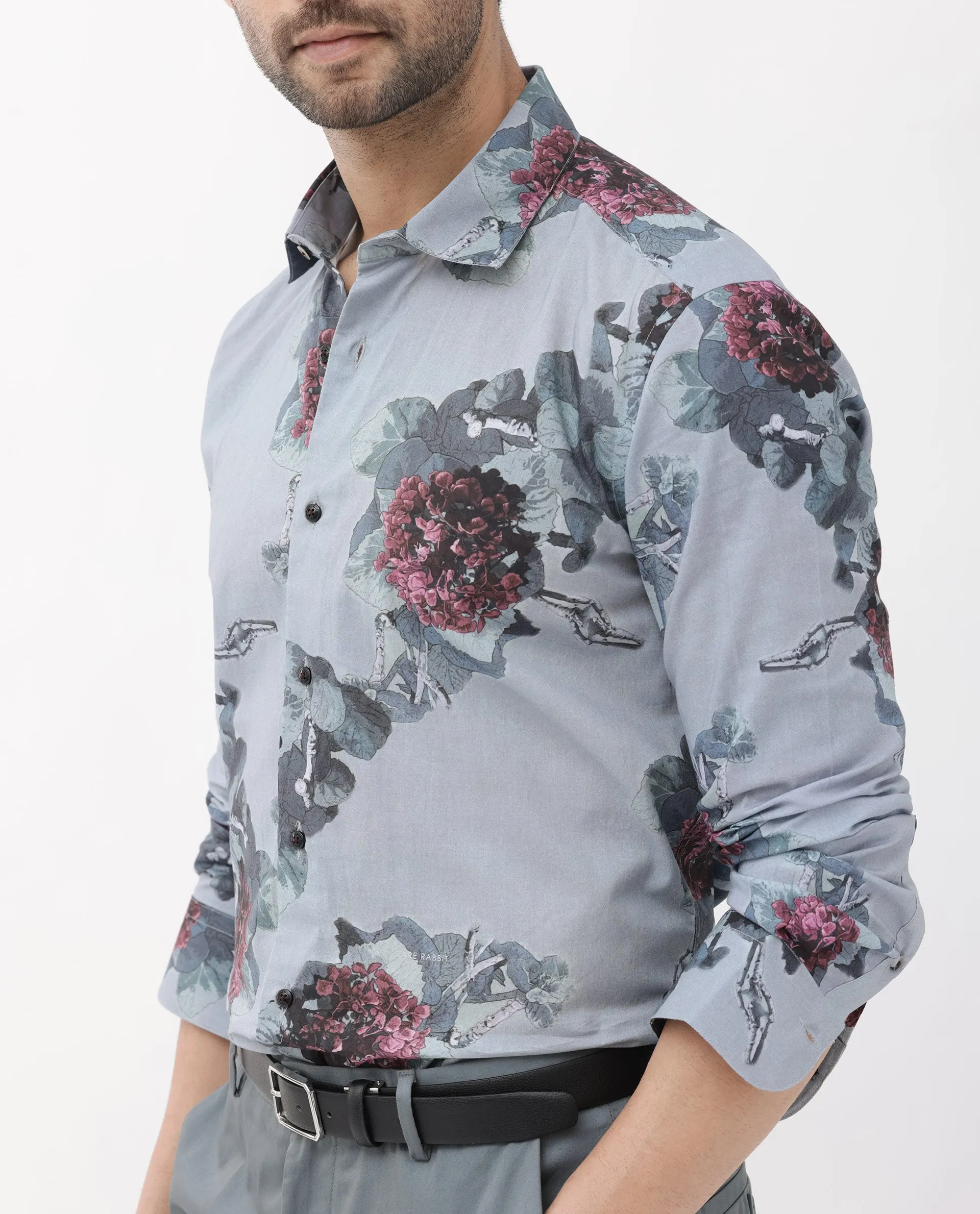 Rare Rabbit Mens Velem Grey Full Sleeve Regular Fit Floral Print Shirt