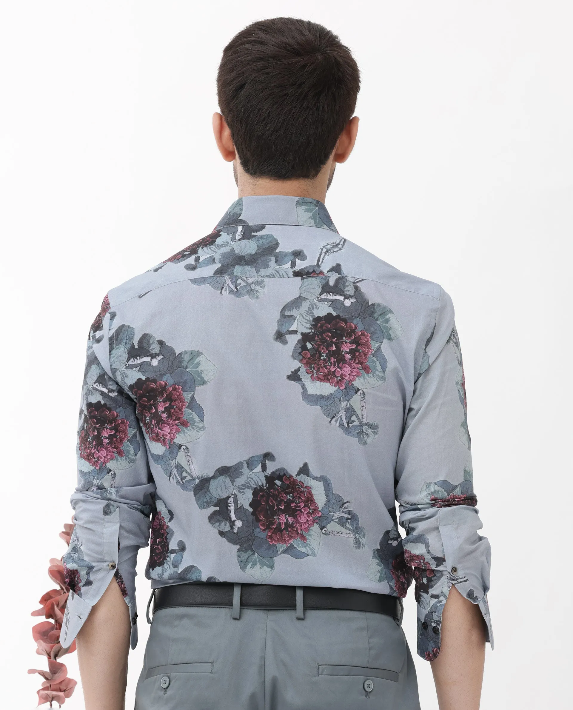 Rare Rabbit Mens Velem Grey Full Sleeve Regular Fit Floral Print Shirt