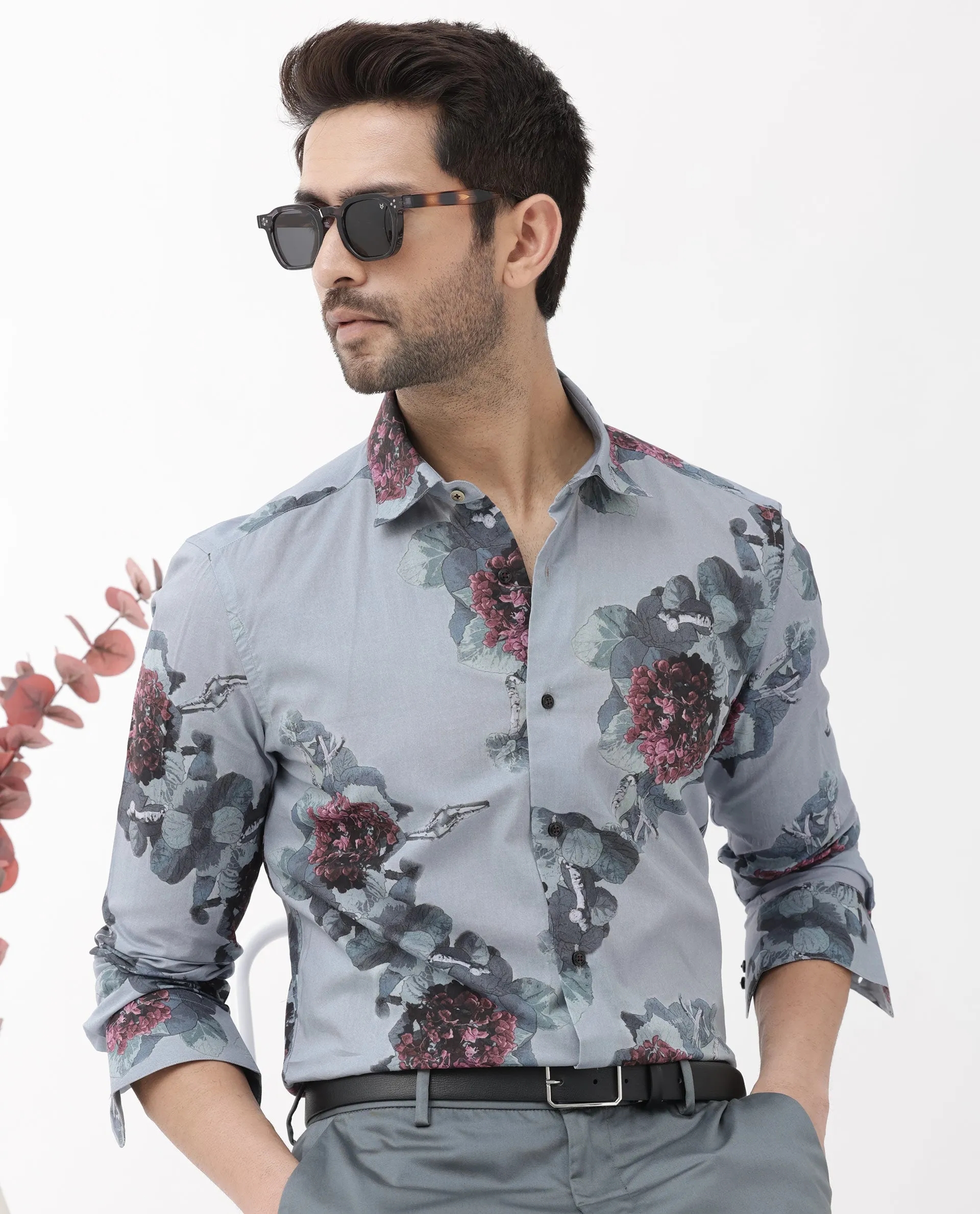 Rare Rabbit Mens Velem Grey Full Sleeve Regular Fit Floral Print Shirt