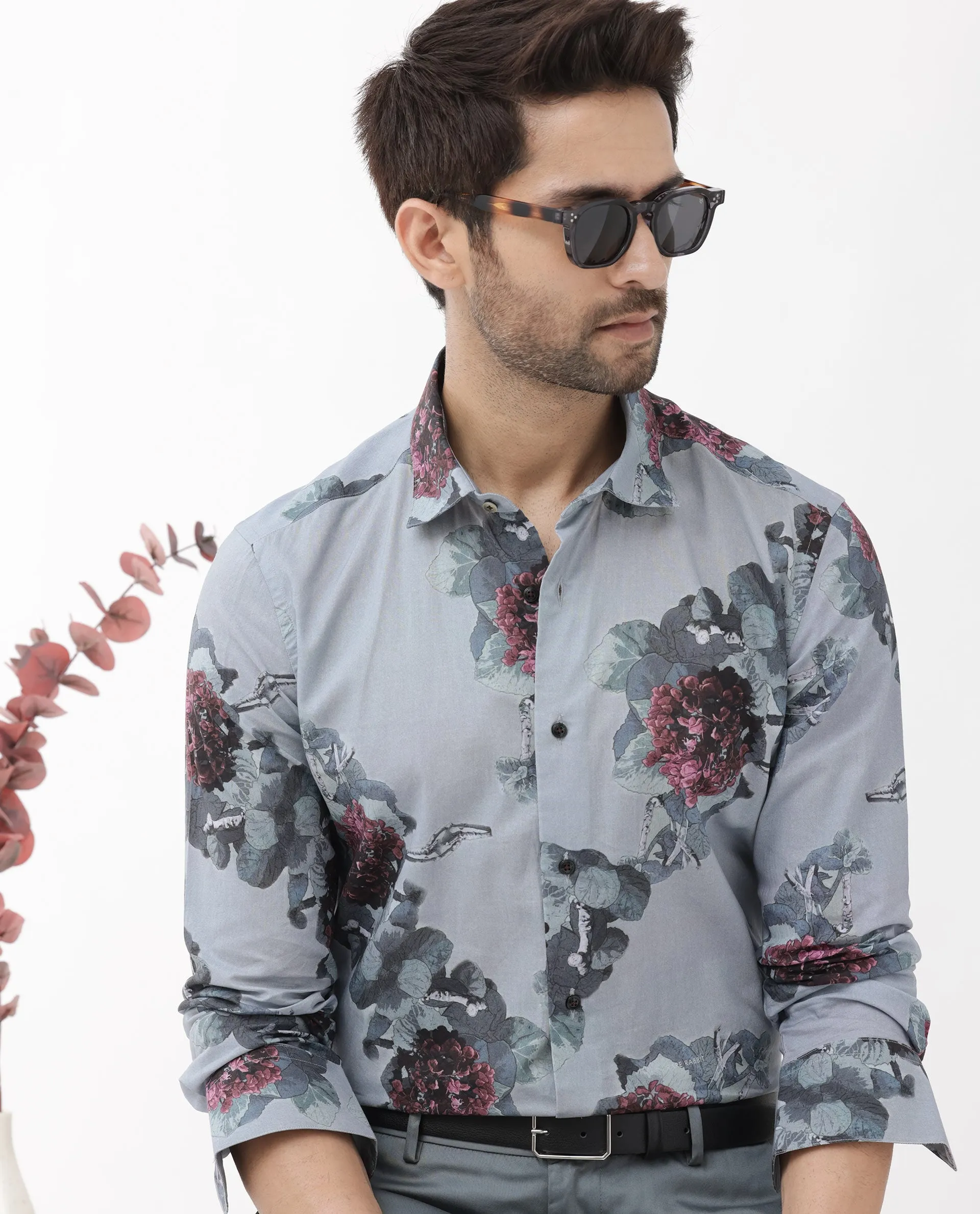 Rare Rabbit Mens Velem Grey Full Sleeve Regular Fit Floral Print Shirt