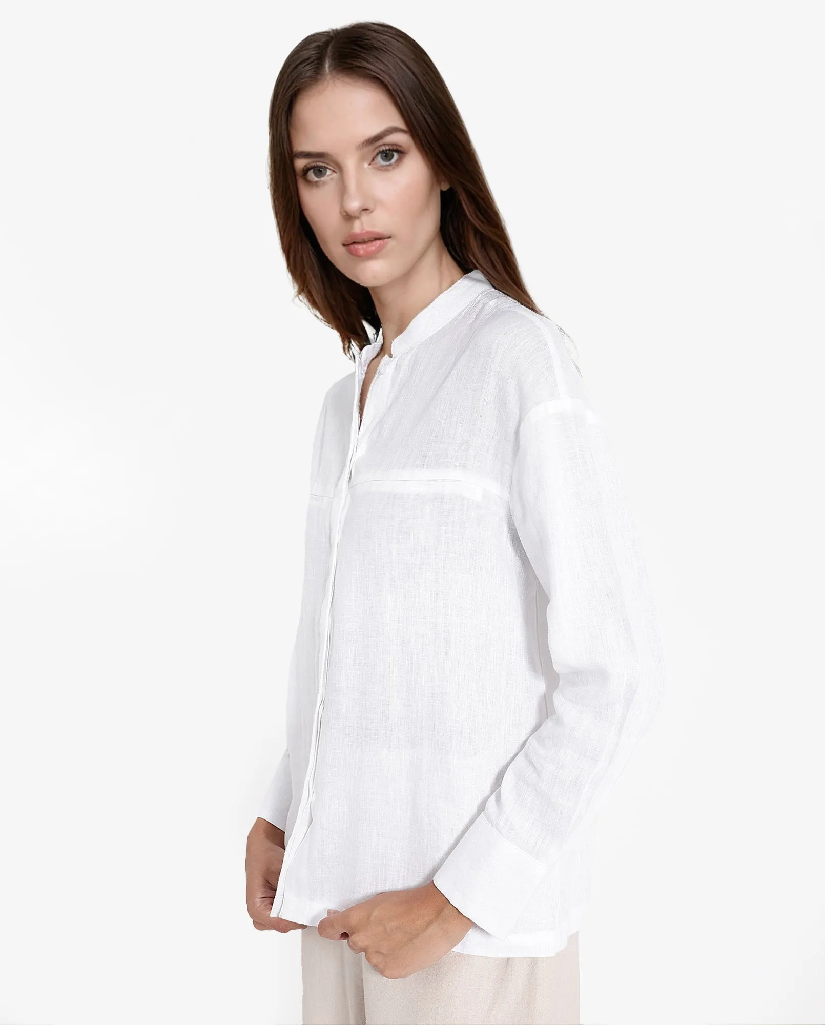 Rareism Women Aruba White Cotton Linen Fabric Collared Neck Solid Regular Fit Shirt