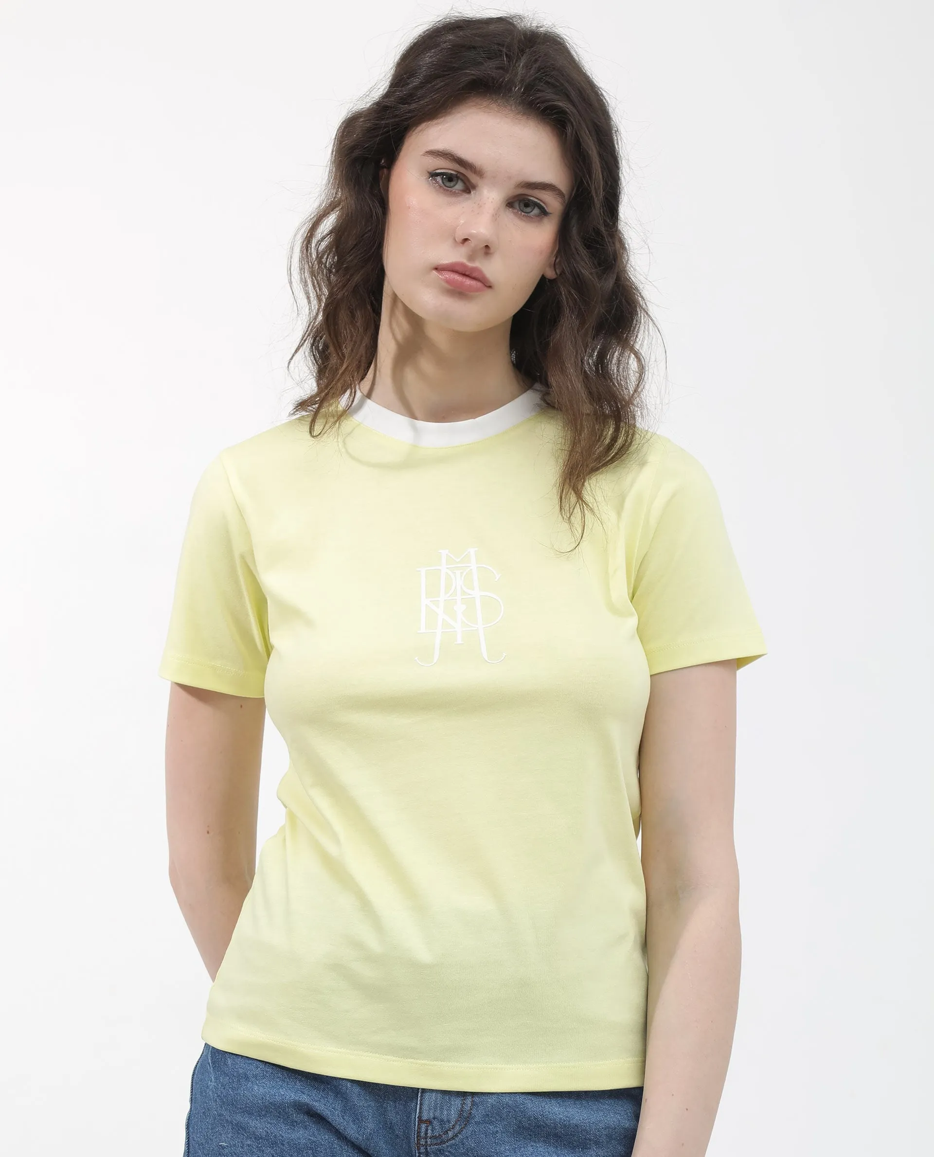 Rareism Women Cosme Yellow Cotton Poly Fabric Short Sleeve Crew Neck Solid T-Shirt