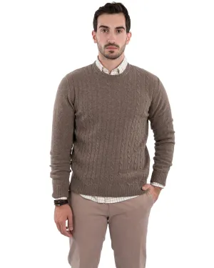 Reclaimed Lambswool Beige Cable Front Crew Neck Jumper