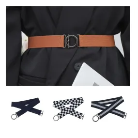 Round Buckle Elastic Belts Simple Solid Color Striped Waistband Casual Dress Coat Waist Belt For Women Girls