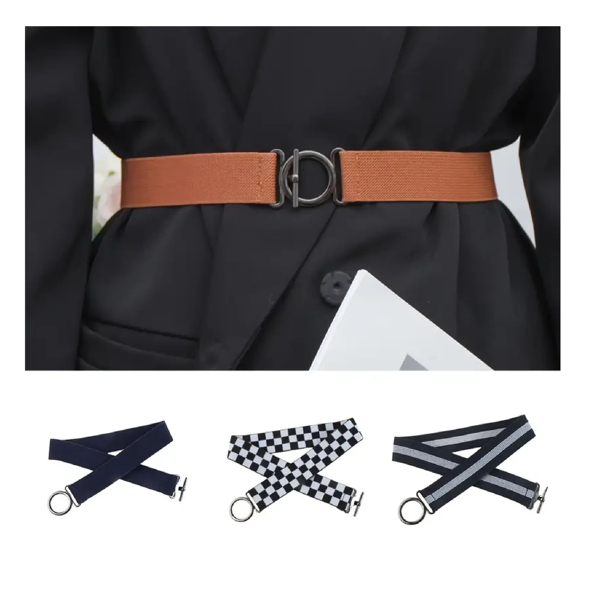 Round Buckle Elastic Belts Simple Solid Color Striped Waistband Casual Dress Coat Waist Belt For Women Girls