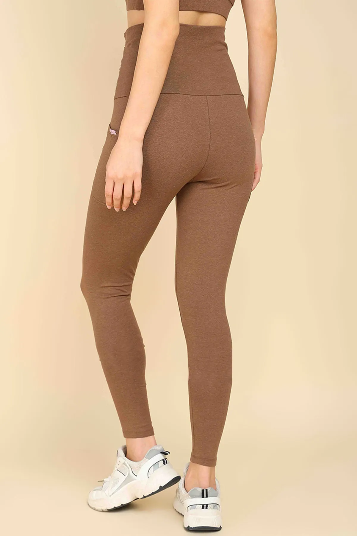 Ruched Cotton Melange Brown Maternity Legging (Pregnancy & Postpartum)