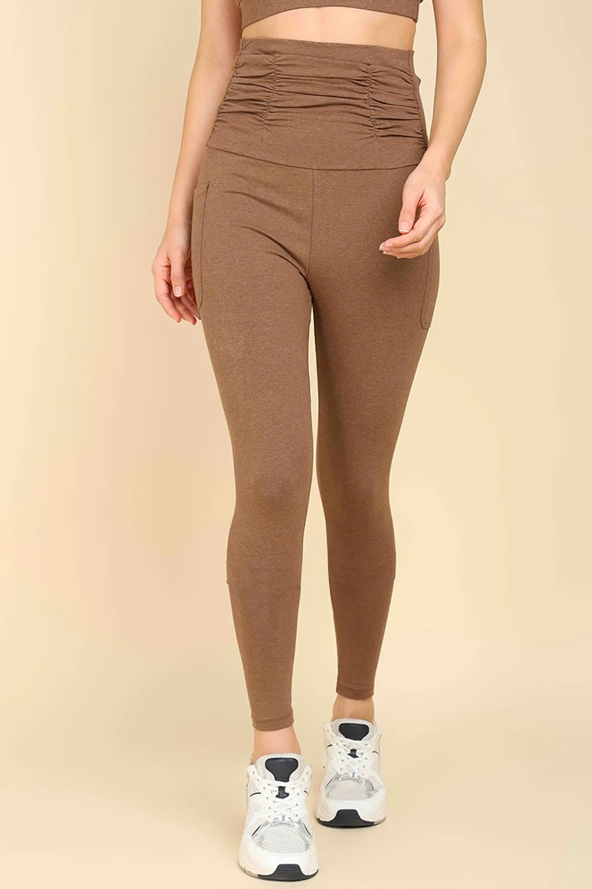 Ruched Cotton Melange Brown Maternity Legging (Pregnancy & Postpartum)