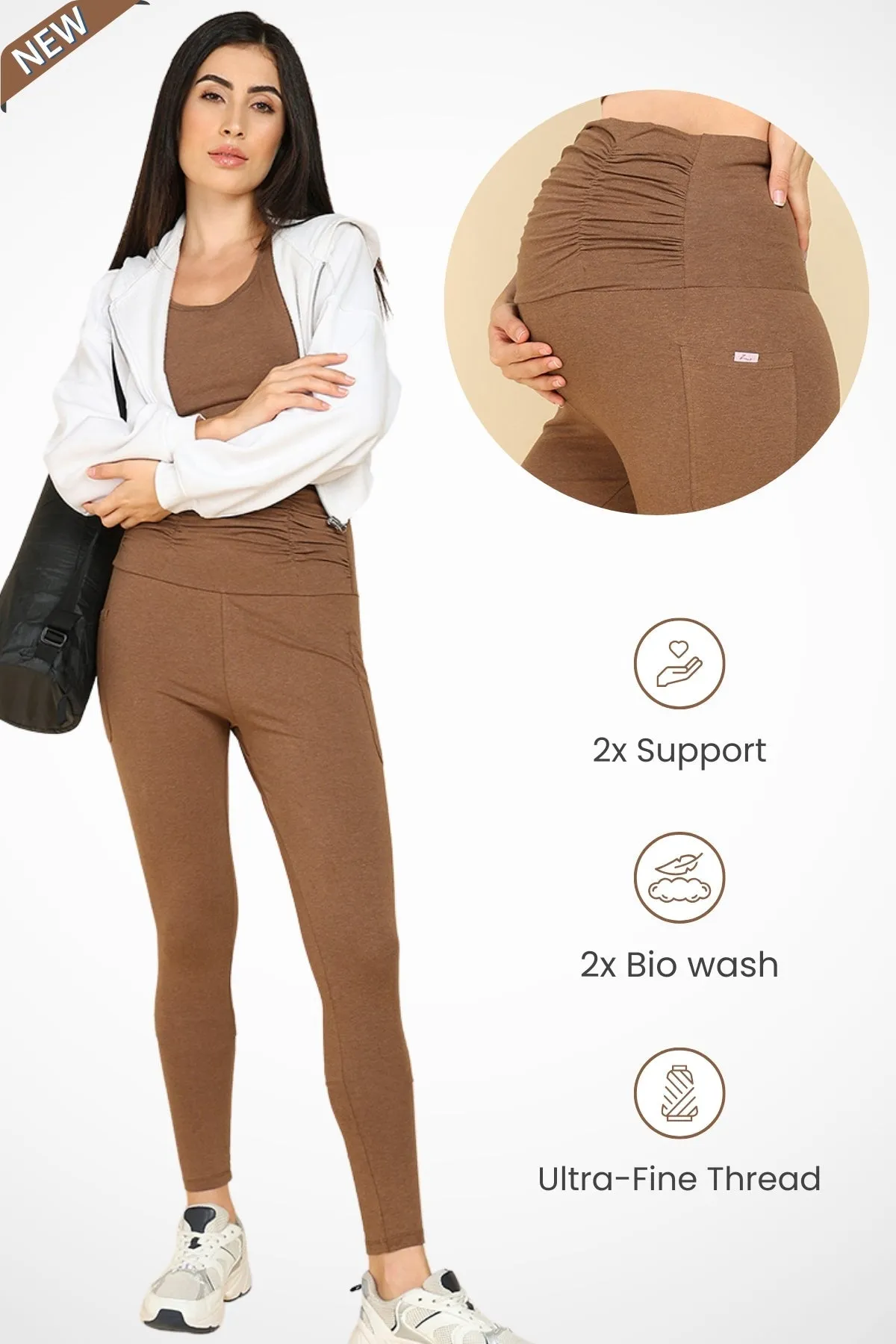 Ruched Cotton Melange Brown Maternity Legging (Pregnancy & Postpartum)