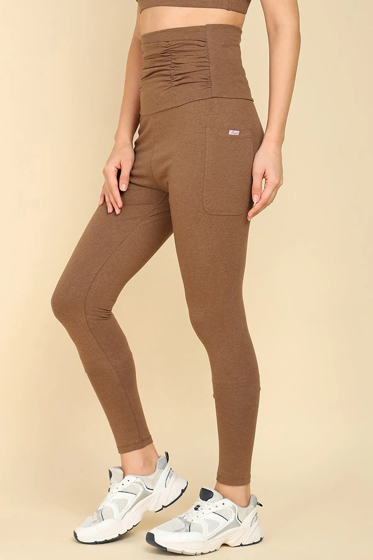 Ruched Cotton Melange Brown Maternity Legging (Pregnancy & Postpartum)