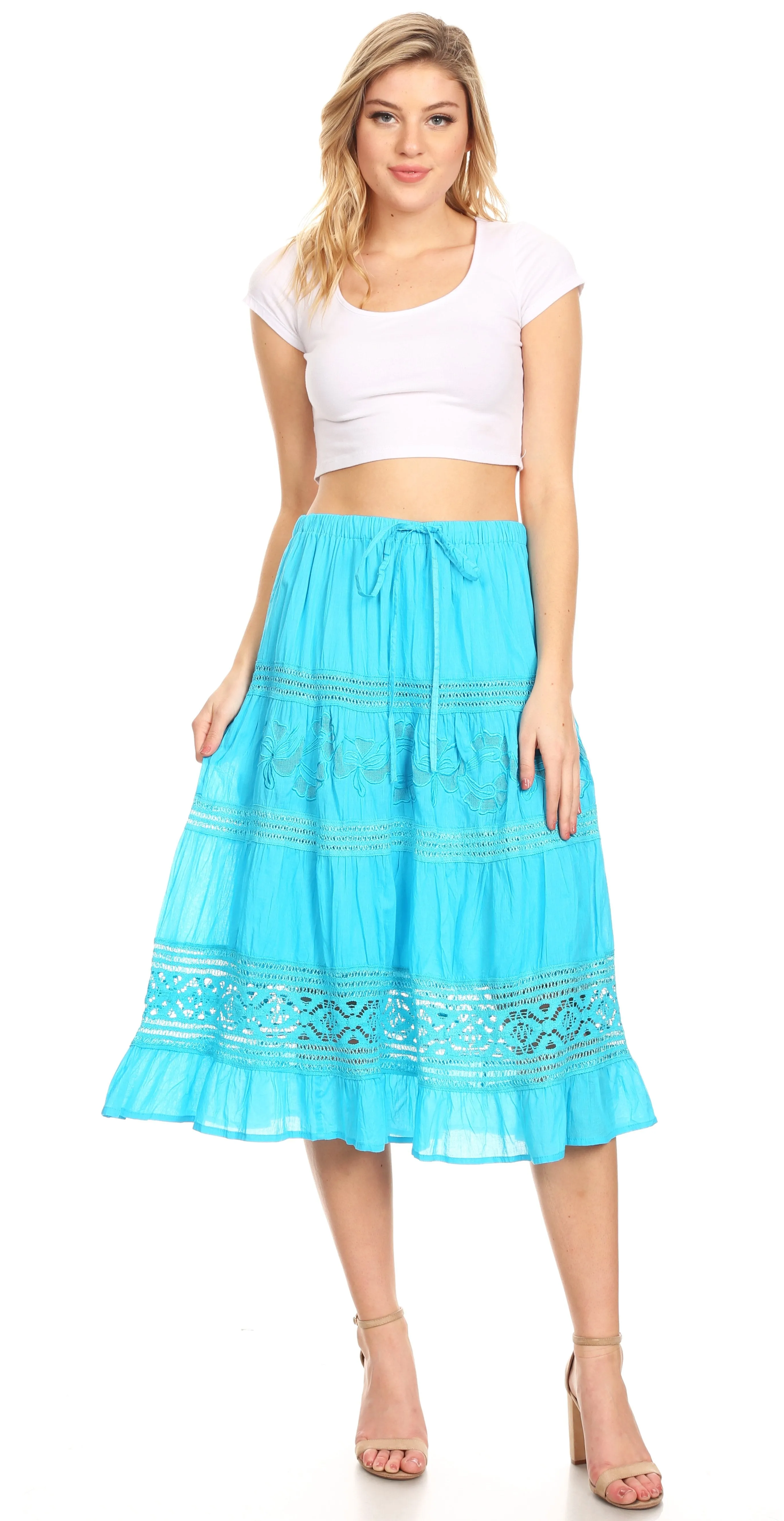 Sakkas Kezia Women's Bohemian Gypsy Casual Midi  Skirt A line Lace & Embroidery