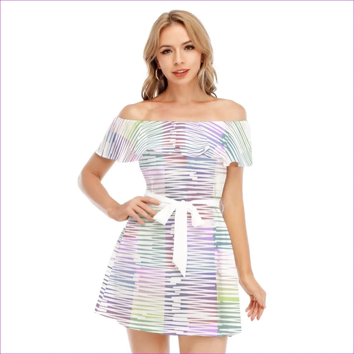 Scribbled Teen's Off-shoulder Dress With Ruffles