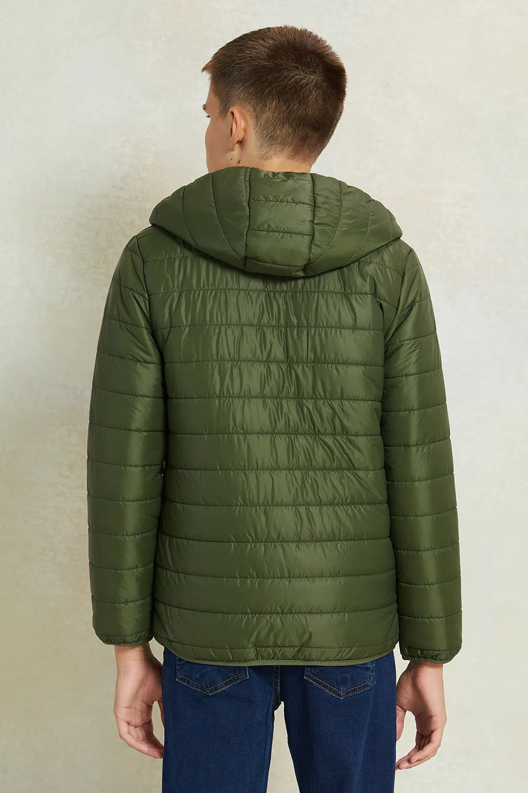 Senior Boys Olive Puffer Jacket With Sherpa Lining