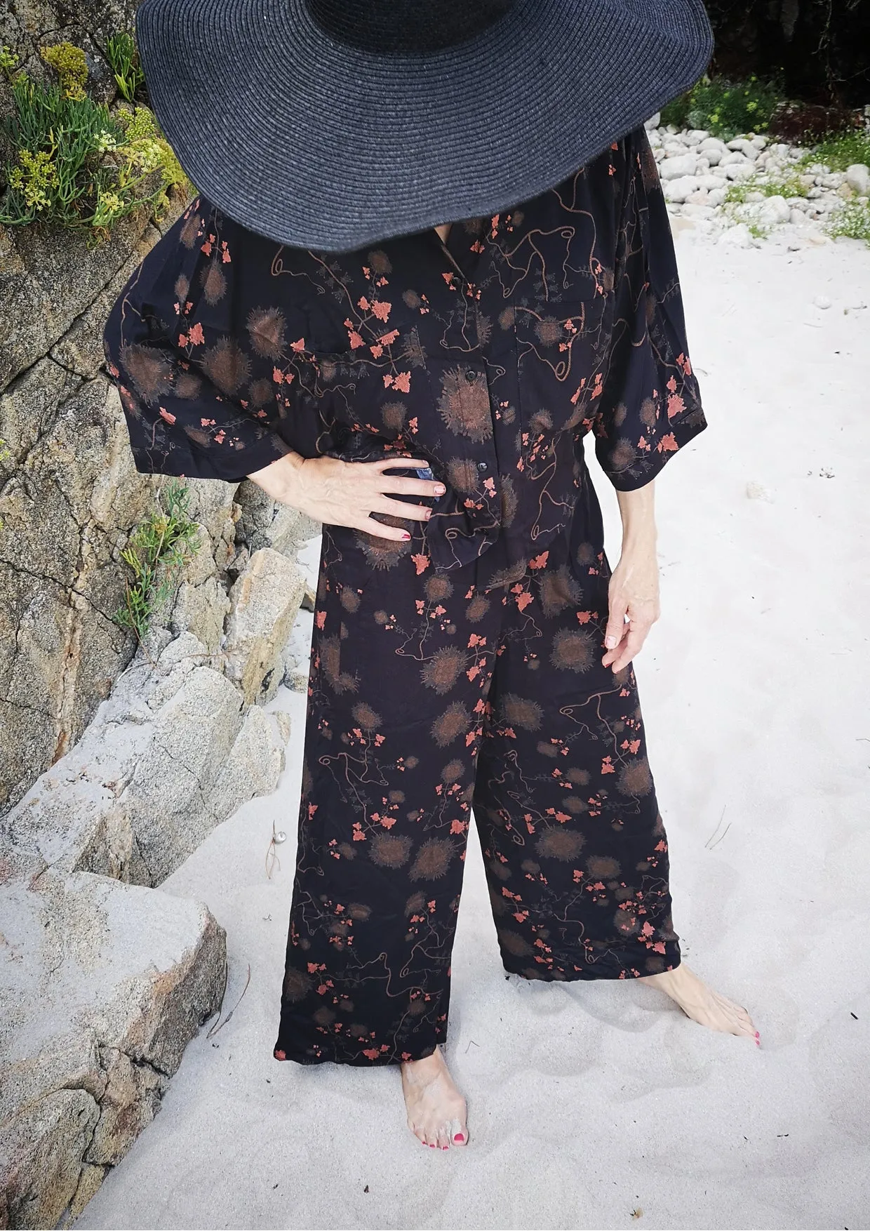 SHORT BLOUSE WIDE SLEEVES - RAYON print black/rust