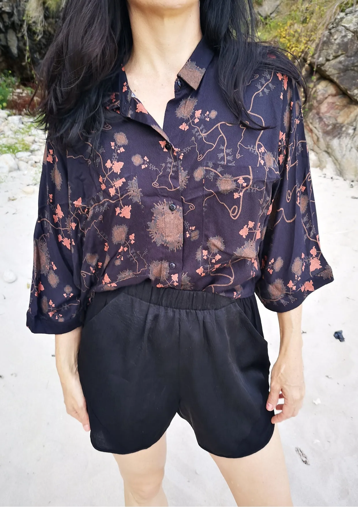 SHORT BLOUSE WIDE SLEEVES - RAYON print black/rust