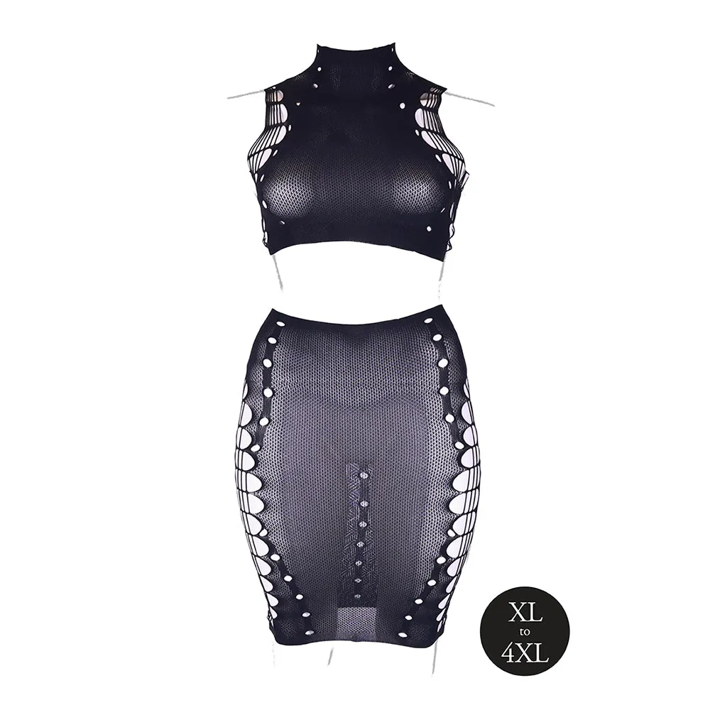 Shots Le Desir Shade Kala XXXVII 2-Piece with Turtleneck, Crop Top & Skirt Black Queen Size