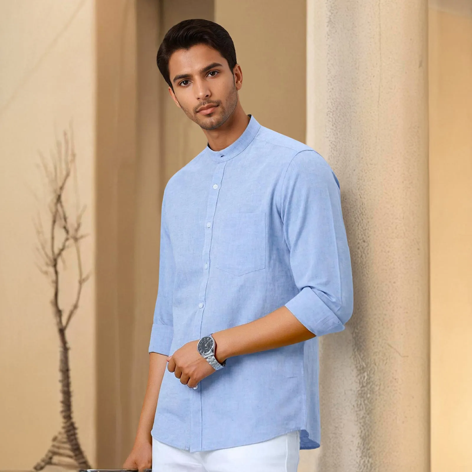 Sky Blue Mandarin Collar Solid Linen Cotton Shirt for Men