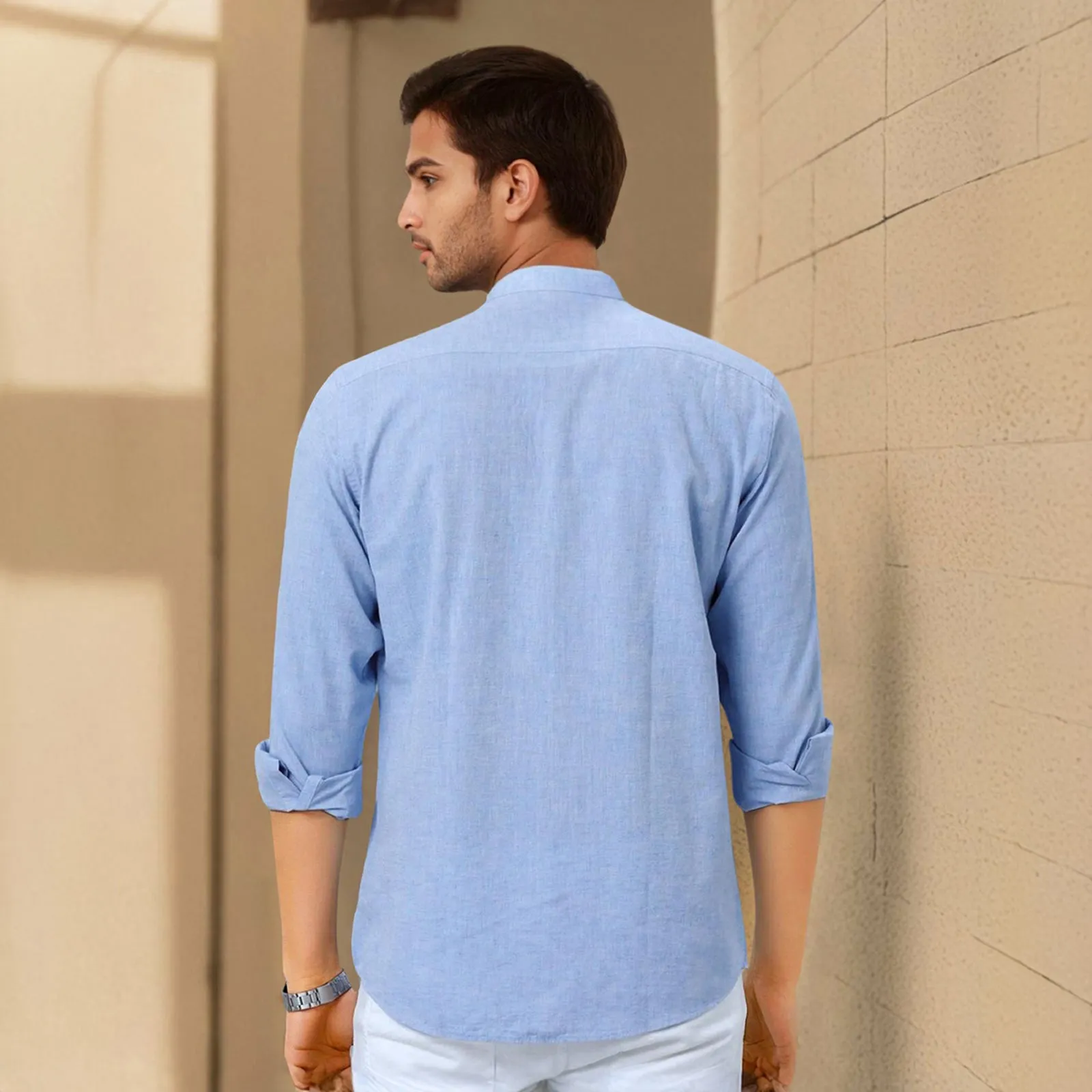 Sky Blue Mandarin Collar Solid Linen Cotton Shirt for Men