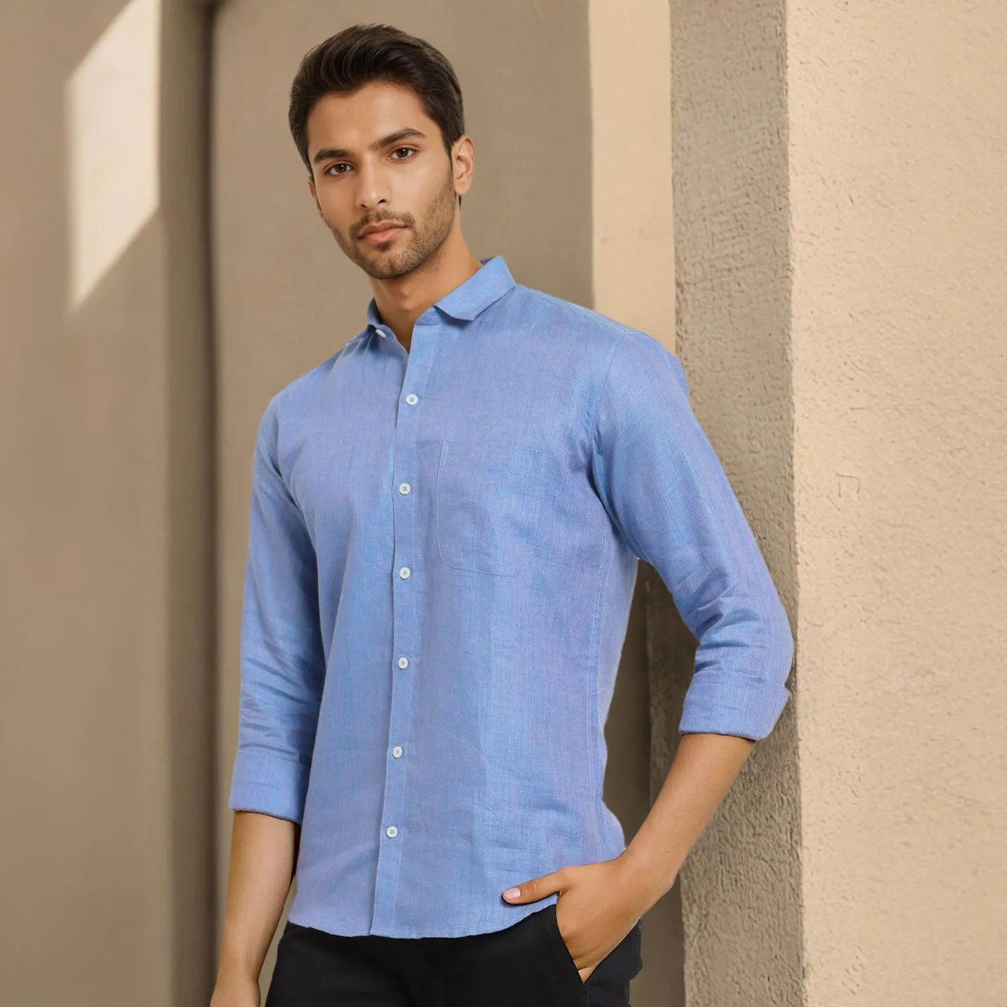 Sky Blue Solid Linen Cotton Shirt for Men