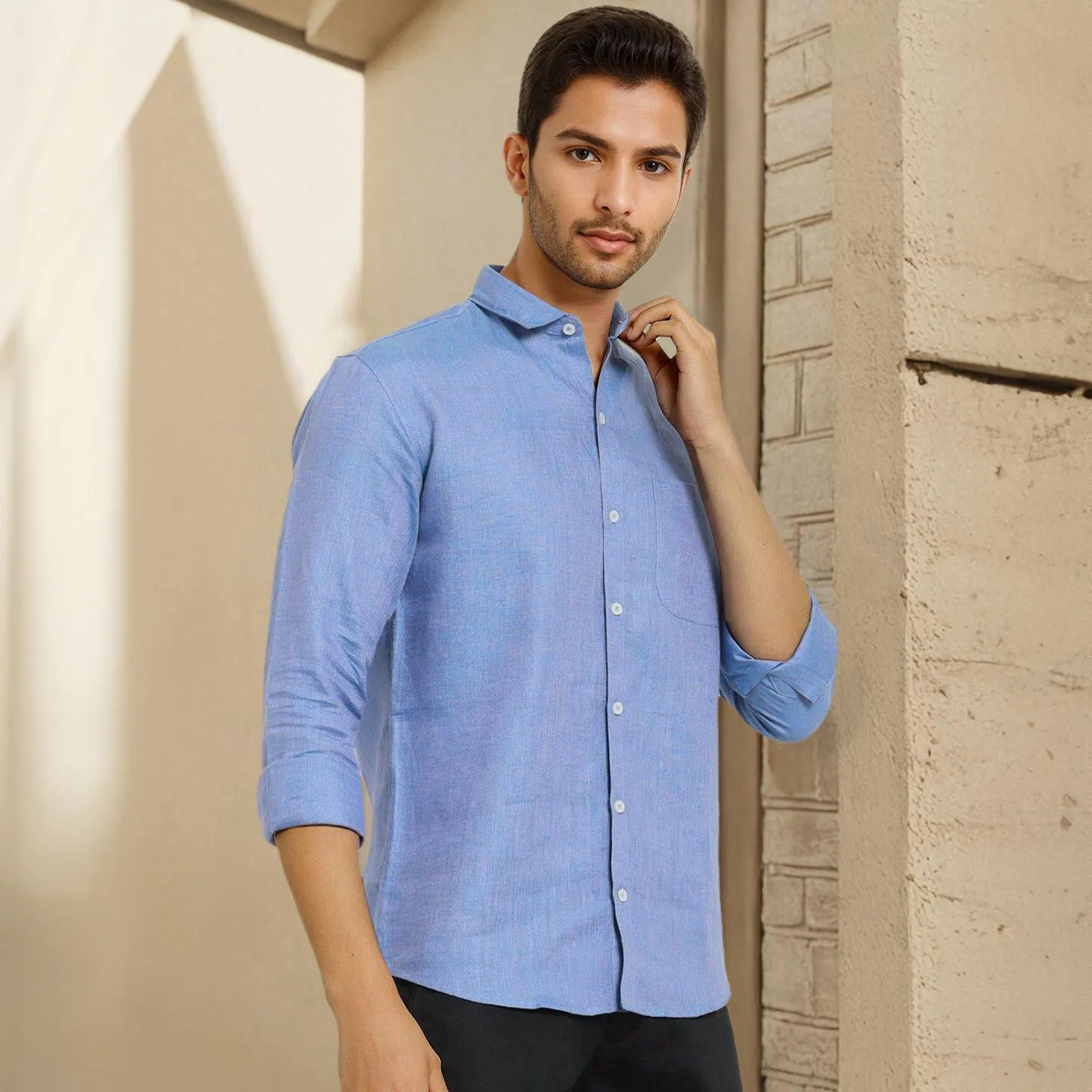 Sky Blue Solid Linen Cotton Shirt for Men