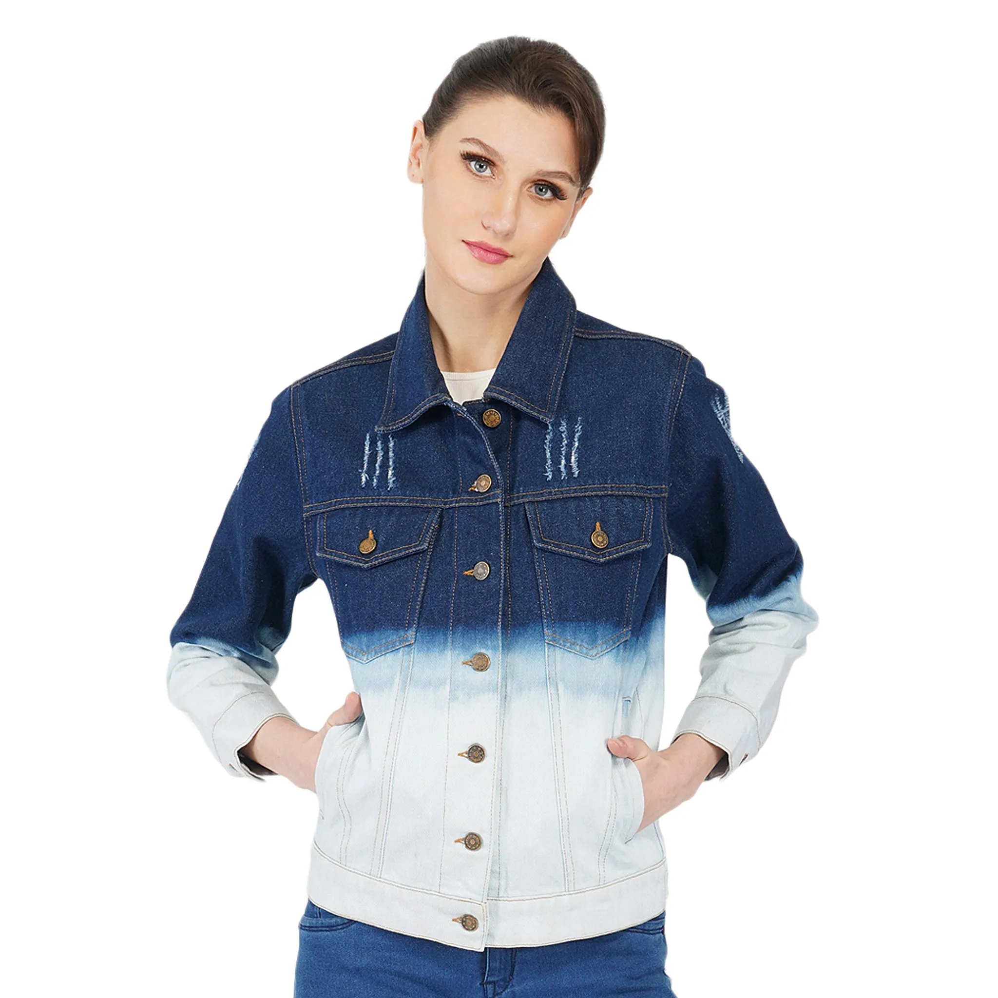 SLAY. Women's Ombre Effect Ripped Denim Jacket