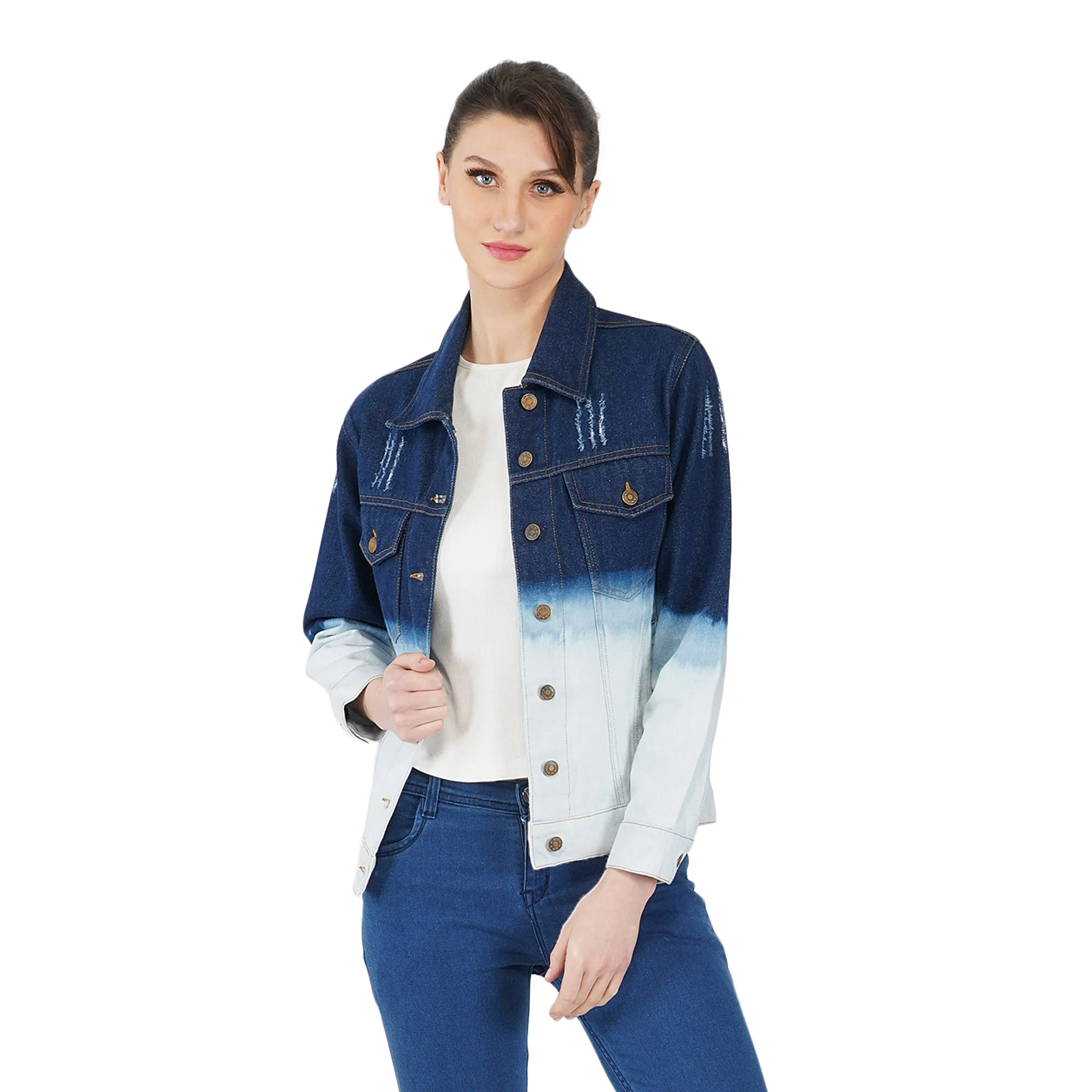 SLAY. Women's Ombre Effect Ripped Denim Jacket