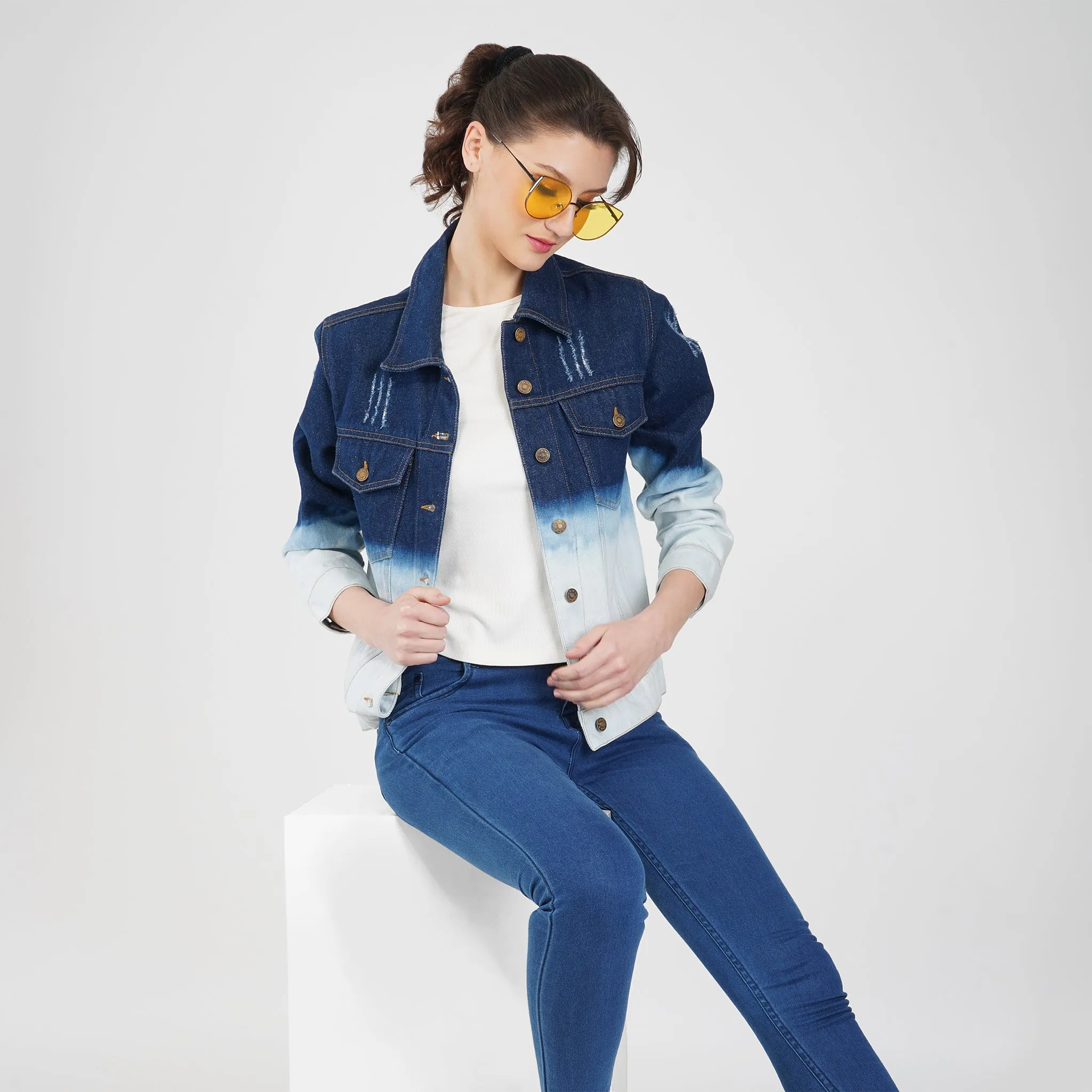 SLAY. Women's Ombre Effect Ripped Denim Jacket