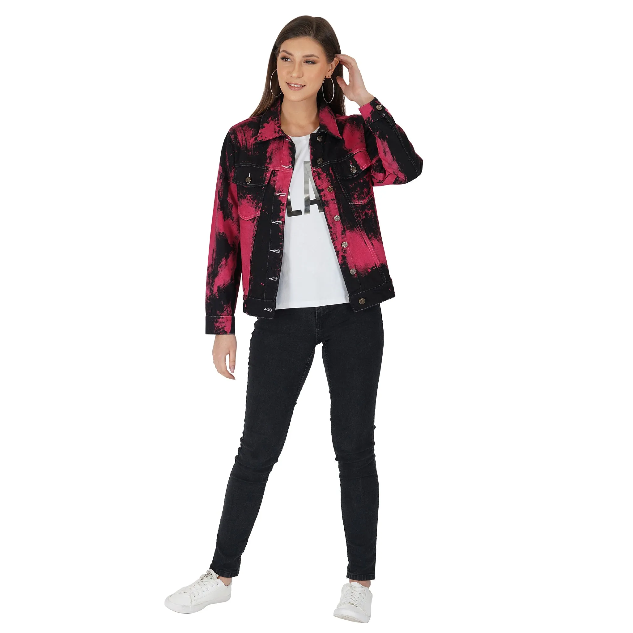 SLAY. Women's "Deadpool Theme" Red & Black Tie Dye Button-Down Ripped Denim Jacket