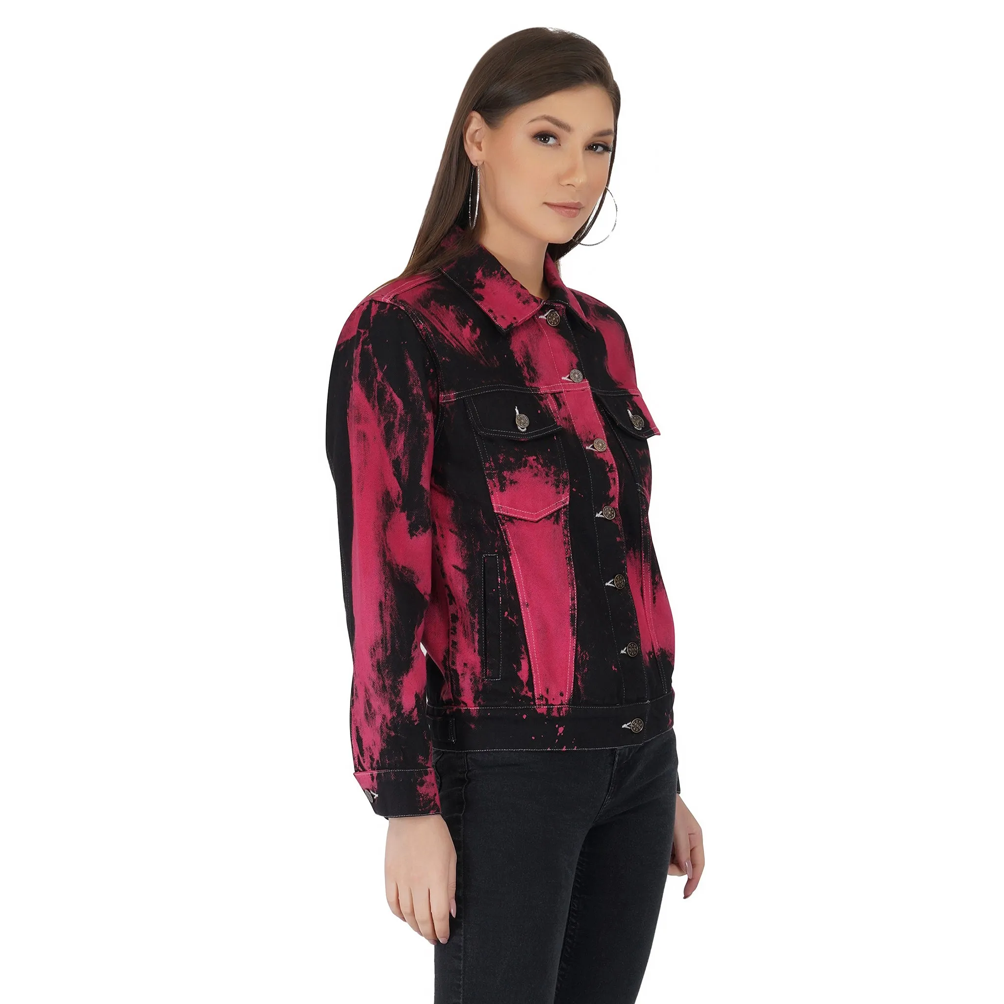 SLAY. Women's "Deadpool Theme" Red & Black Tie Dye Button-Down Ripped Denim Jacket