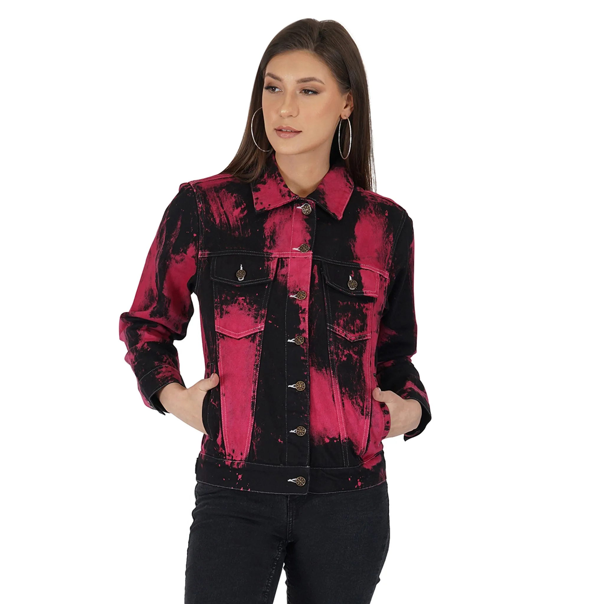 SLAY. Women's "Deadpool Theme" Red & Black Tie Dye Button-Down Ripped Denim Jacket