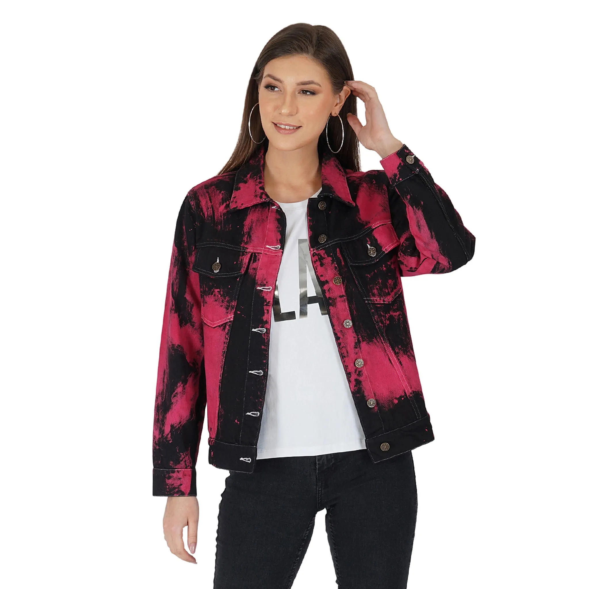 SLAY. Women's "Deadpool Theme" Red & Black Tie Dye Button-Down Ripped Denim Jacket