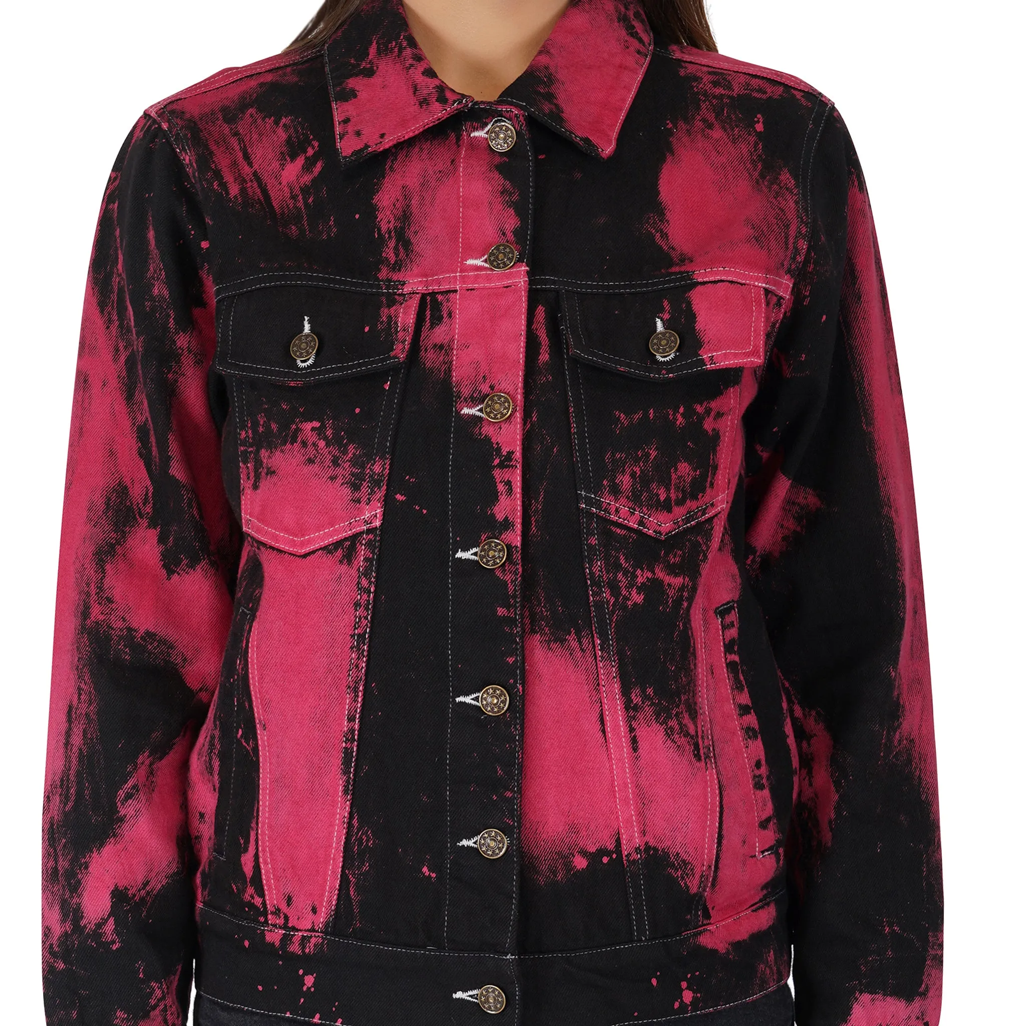 SLAY. Women's "Deadpool Theme" Red & Black Tie Dye Button-Down Ripped Denim Jacket