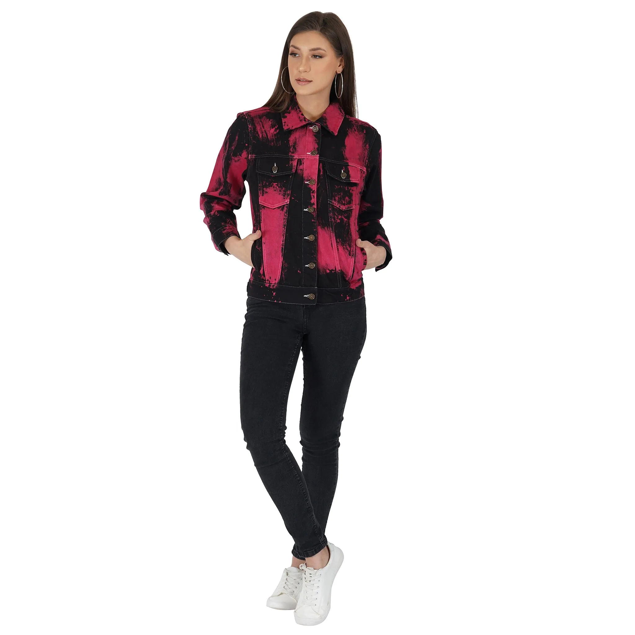 SLAY. Women's "Deadpool Theme" Red & Black Tie Dye Button-Down Ripped Denim Jacket