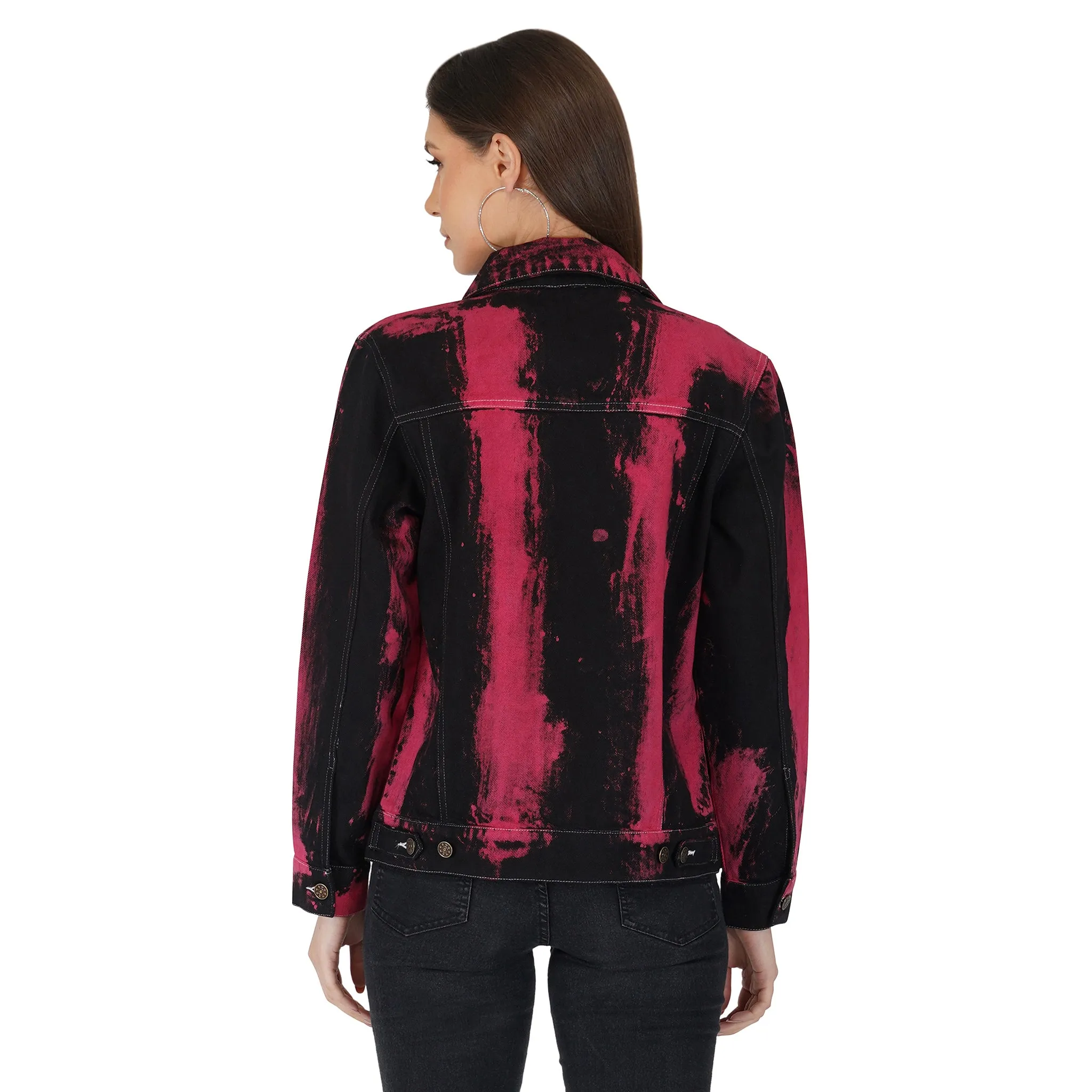 SLAY. Women's "Deadpool Theme" Red & Black Tie Dye Button-Down Ripped Denim Jacket