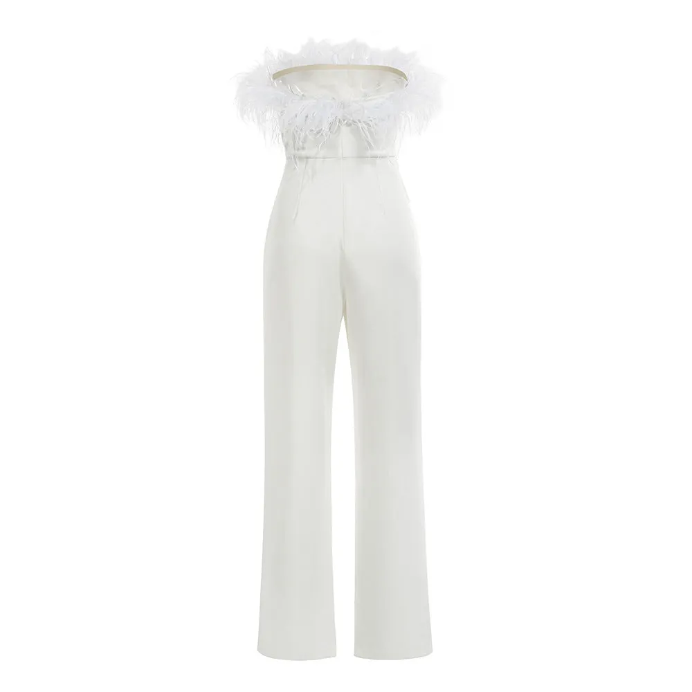 Strapless Feather Detail Straight Leg Jumpsuit