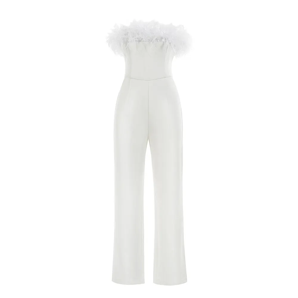 Strapless Feather Detail Straight Leg Jumpsuit