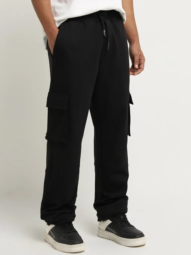 Studiofit Black Cargo-Style Mid-Rise Relaxed-Fit Pants