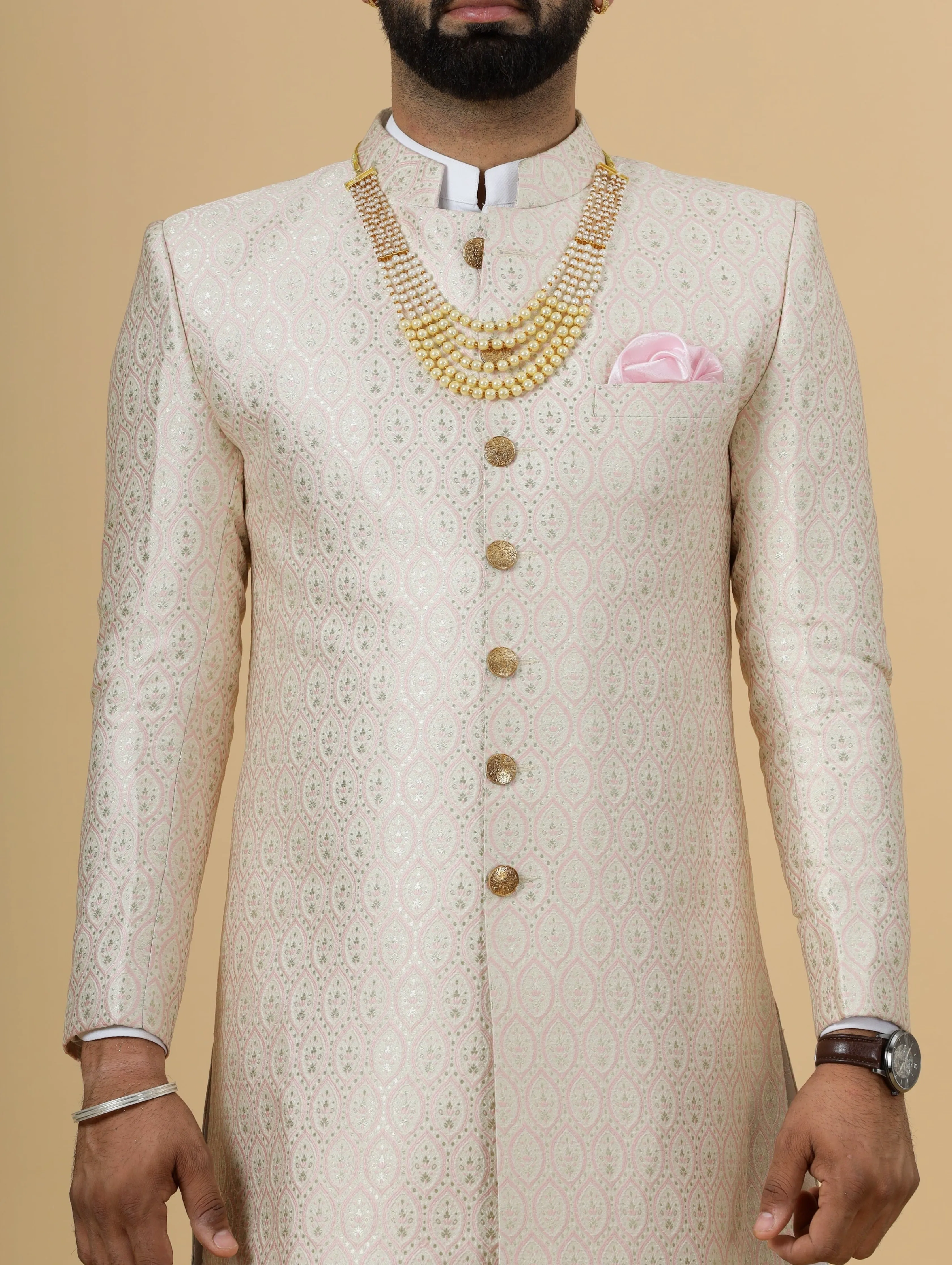 Stunning Beige Banarasi Brocade Achkan with Soft Pink Churidar for Men | Father Son Combo| Perfect for Grooms