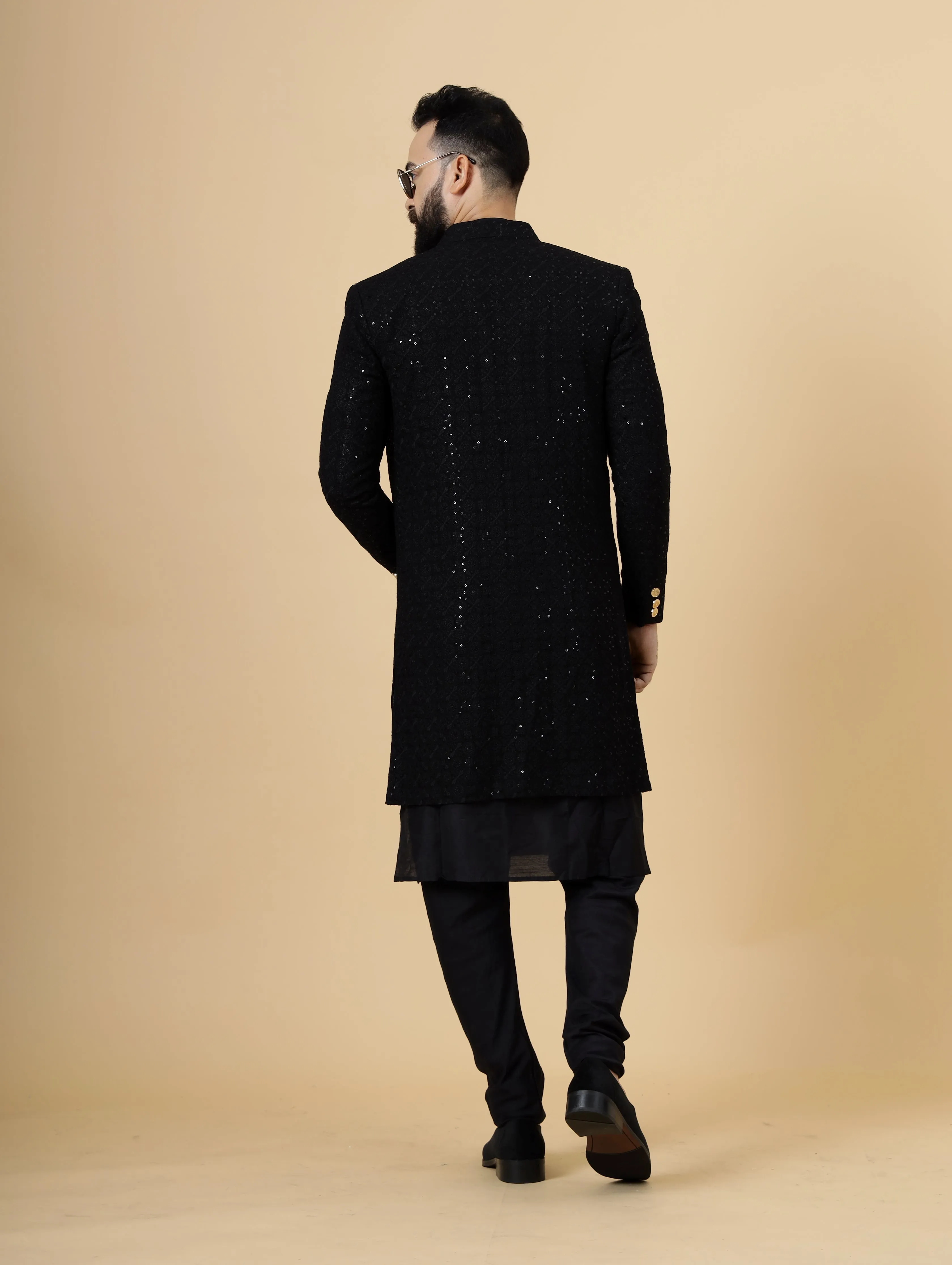 Stunning Black Chikankari Open Sherwani for Men | Father Son Combo | Black Color | Chikankari Sherwani | Perfect for Grooms