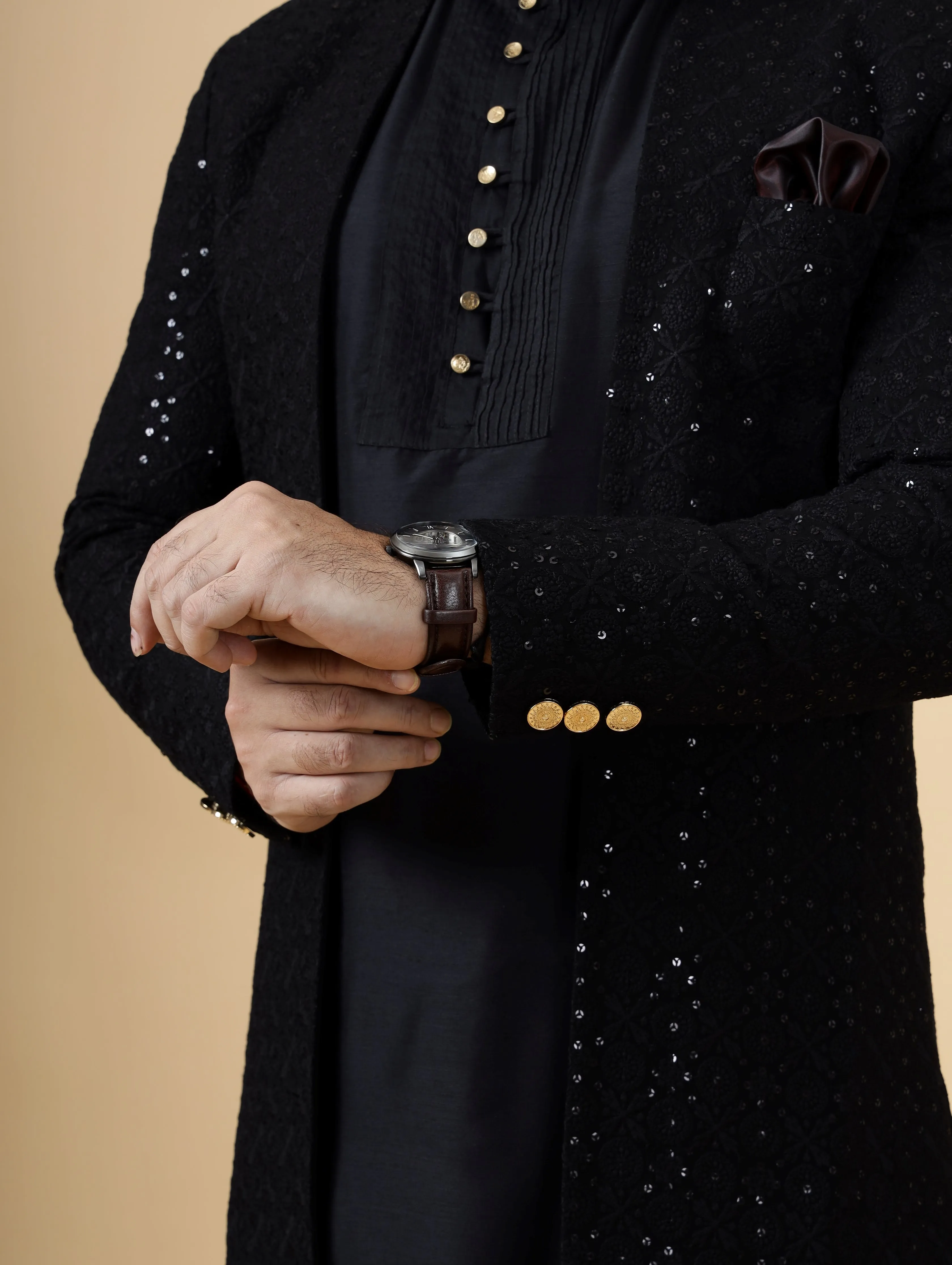 Stunning Black Chikankari Open Sherwani for Men | Father Son Combo | Black Color | Chikankari Sherwani | Perfect for Grooms