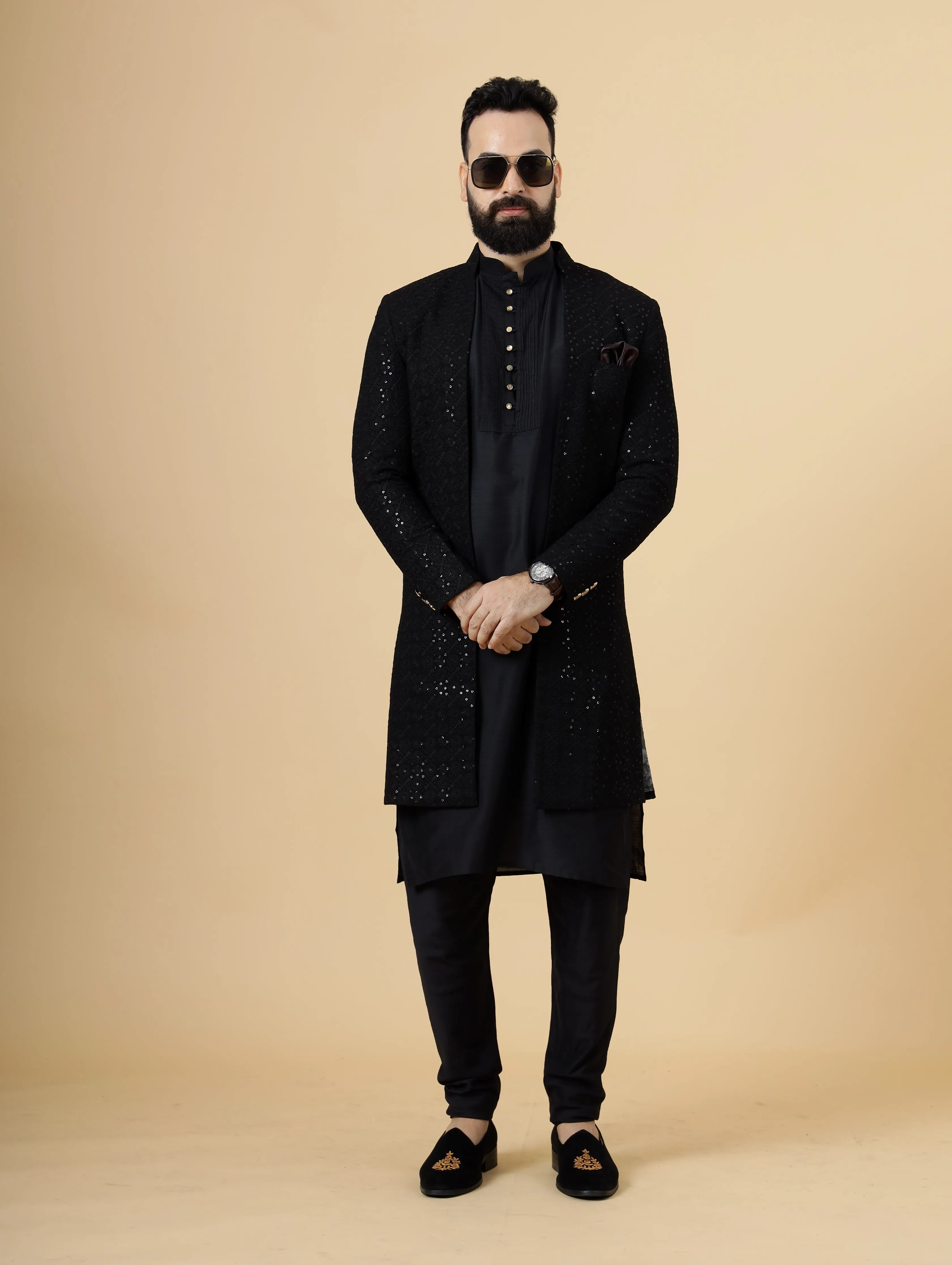 Stunning Black Chikankari Open Sherwani for Men | Father Son Combo | Black Color | Chikankari Sherwani | Perfect for Grooms