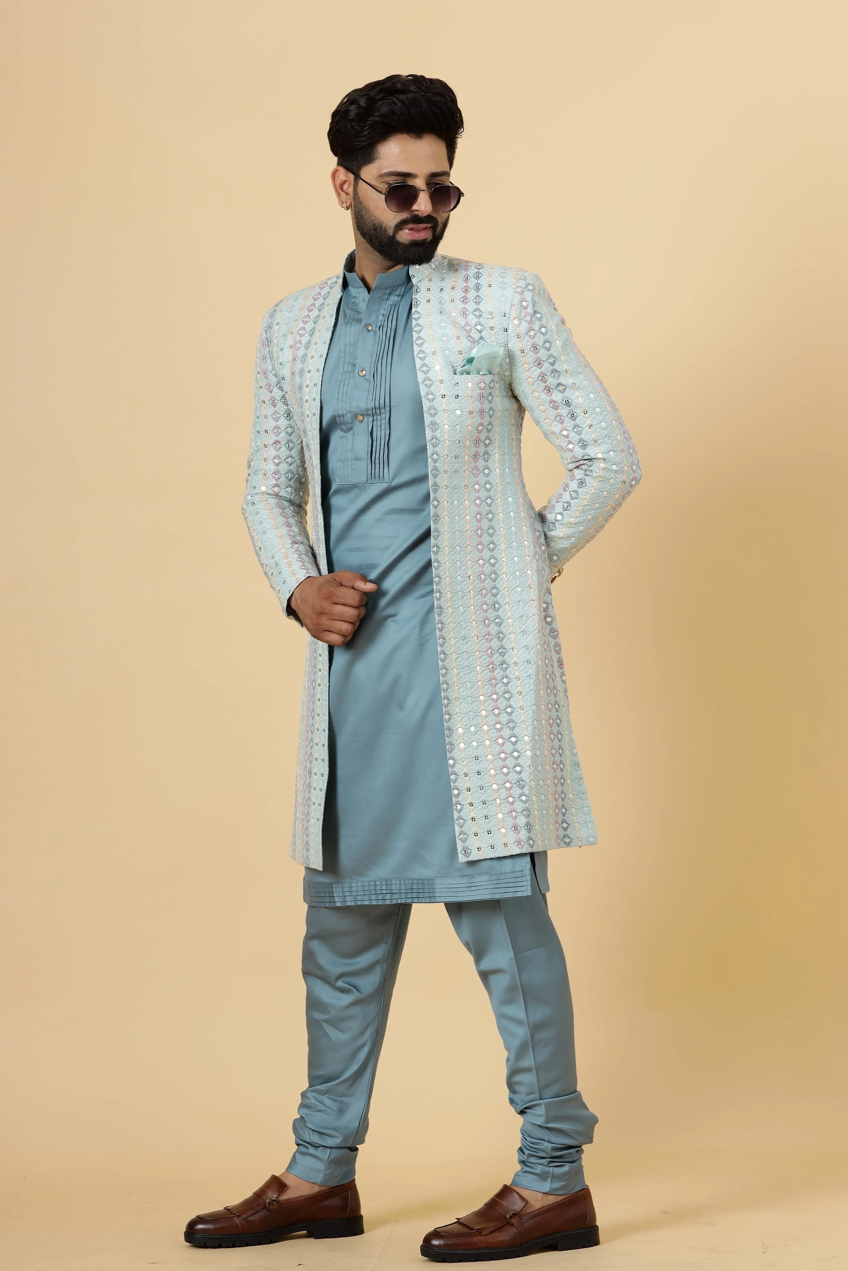 Stunning Mirror Embroidered Sky-Blue Open Sherwani with Turquoise Blue Kurta Pajama for Men | Father Son Combo | Turquoise Blue Color |Sky Blue Sherwani | Perfect for Grooms