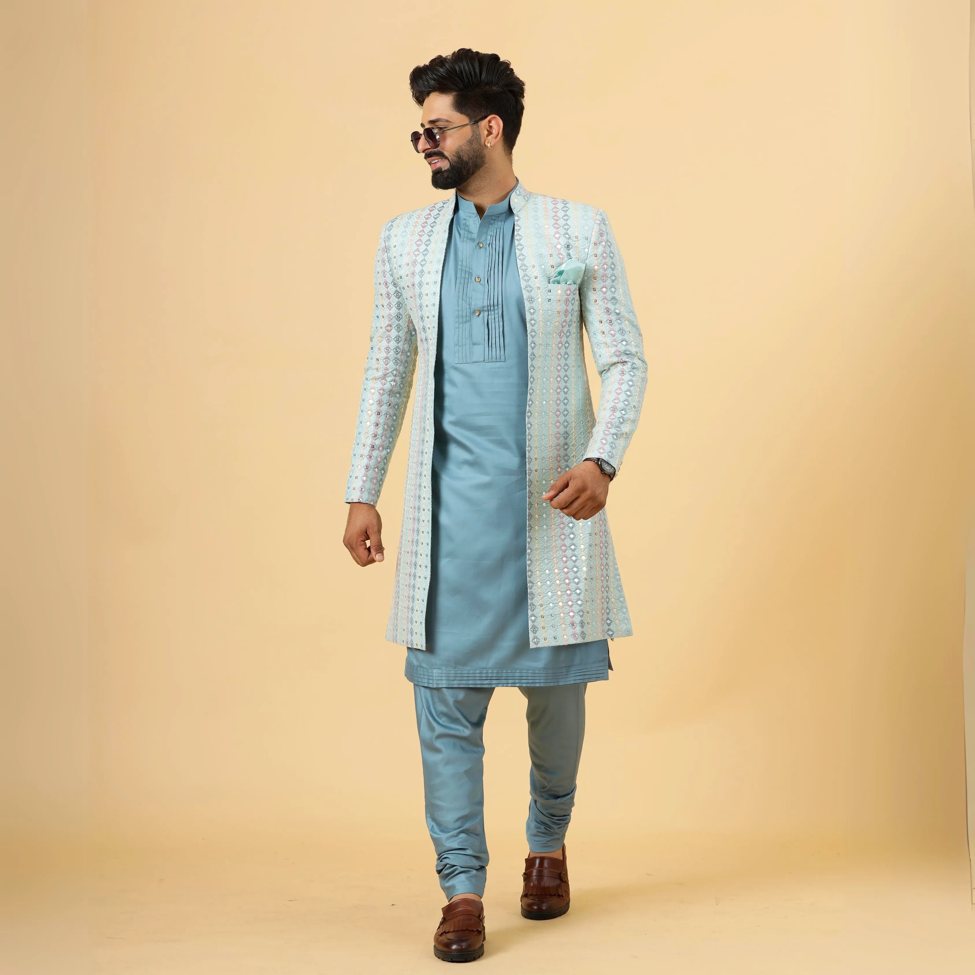 Stunning Mirror Embroidered Sky-Blue Open Sherwani with Turquoise Blue Kurta Pajama for Men | Father Son Combo | Turquoise Blue Color |Sky Blue Sherwani | Perfect for Grooms