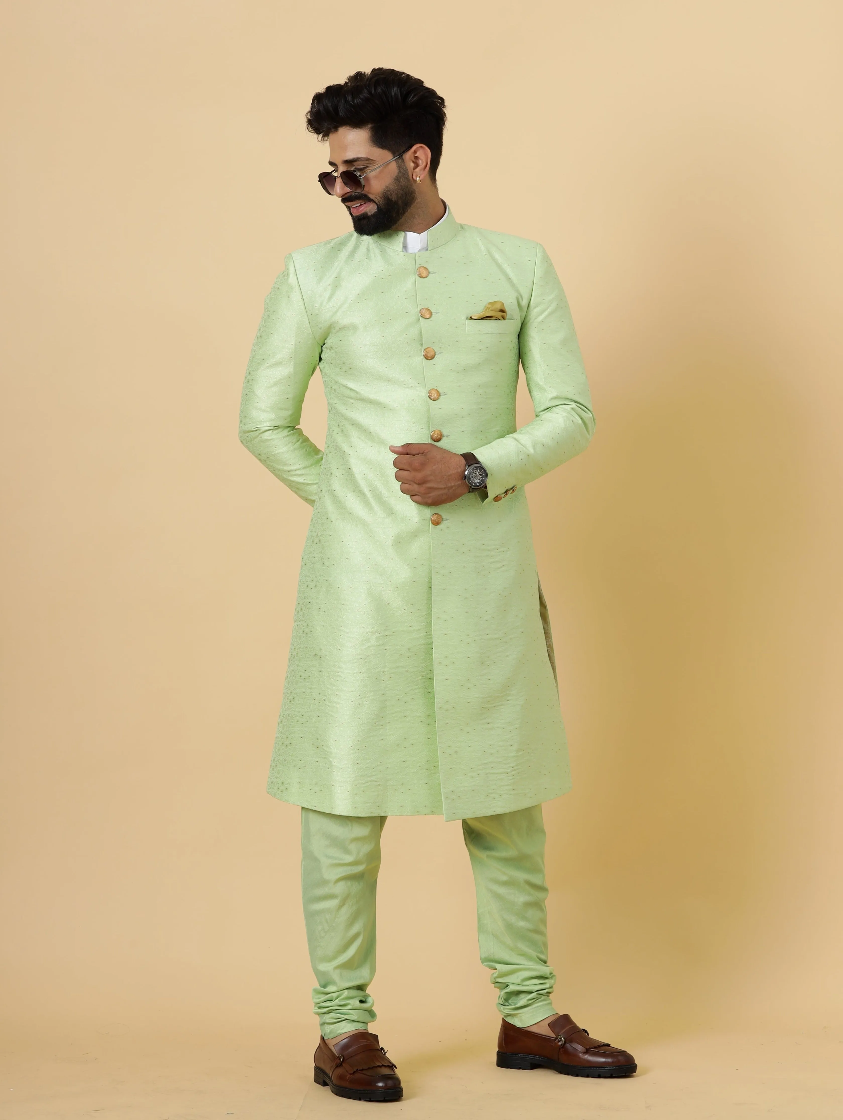 Stunning Pistachio Green Banarasi Brocade Achkan for Men | Father Son Combo | Perfect for Grooms