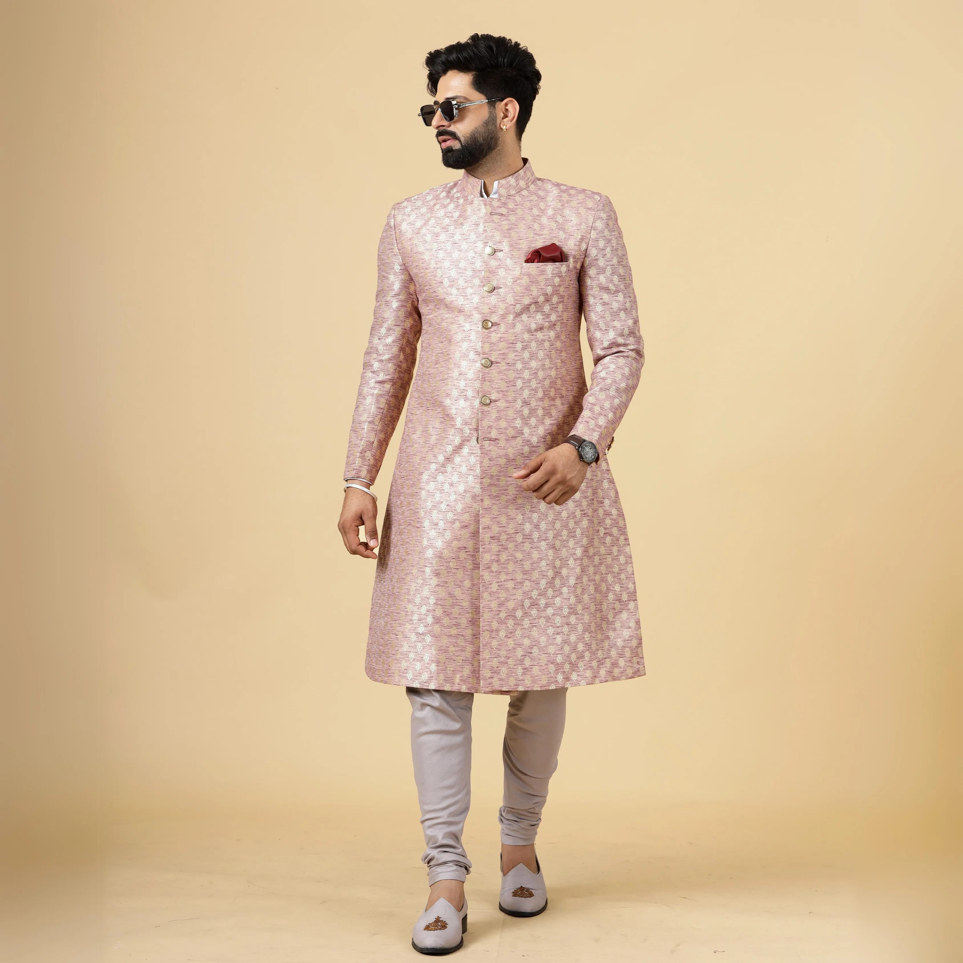 Stunning Rose Gold Banarasi Brocade Achkan for Men | Father Son Combo | Perfect for Grooms