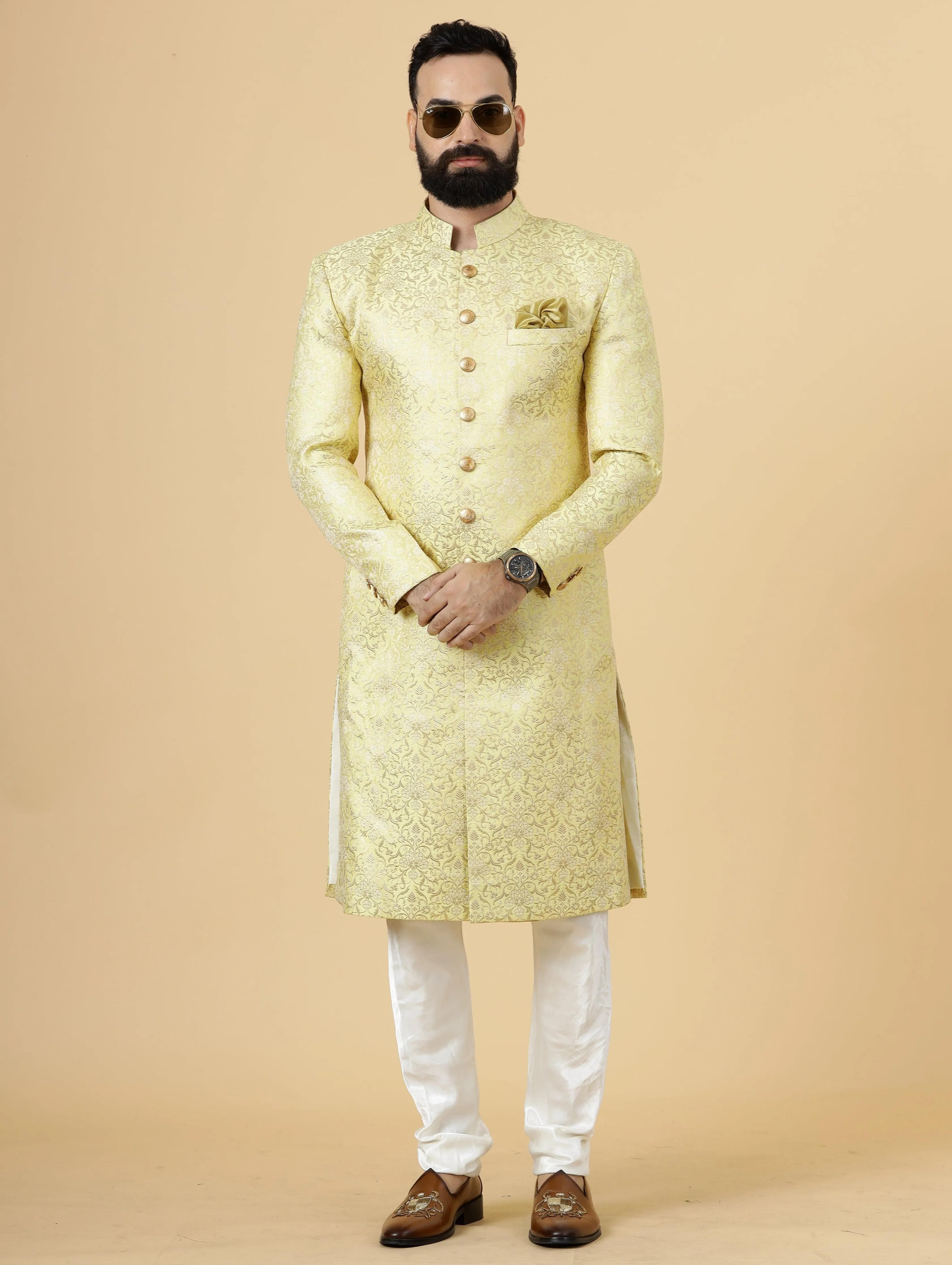 Stunning Yellow Banarasi Brocade Achkan for Men | Father Son Combo | Pastel Colour Sherwani | Perfect for Grooms