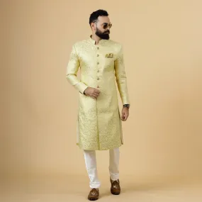 Stunning Yellow Banarasi Brocade Achkan for Men | Father Son Combo | Pastel Colour Sherwani | Perfect for Grooms