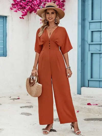 TEEK - Terracotta Button V-Neck Half Sleeve Jumpsuit