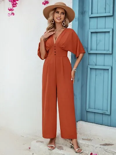 TEEK - Terracotta Button V-Neck Half Sleeve Jumpsuit