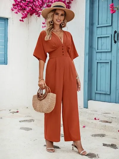 TEEK - Terracotta Button V-Neck Half Sleeve Jumpsuit